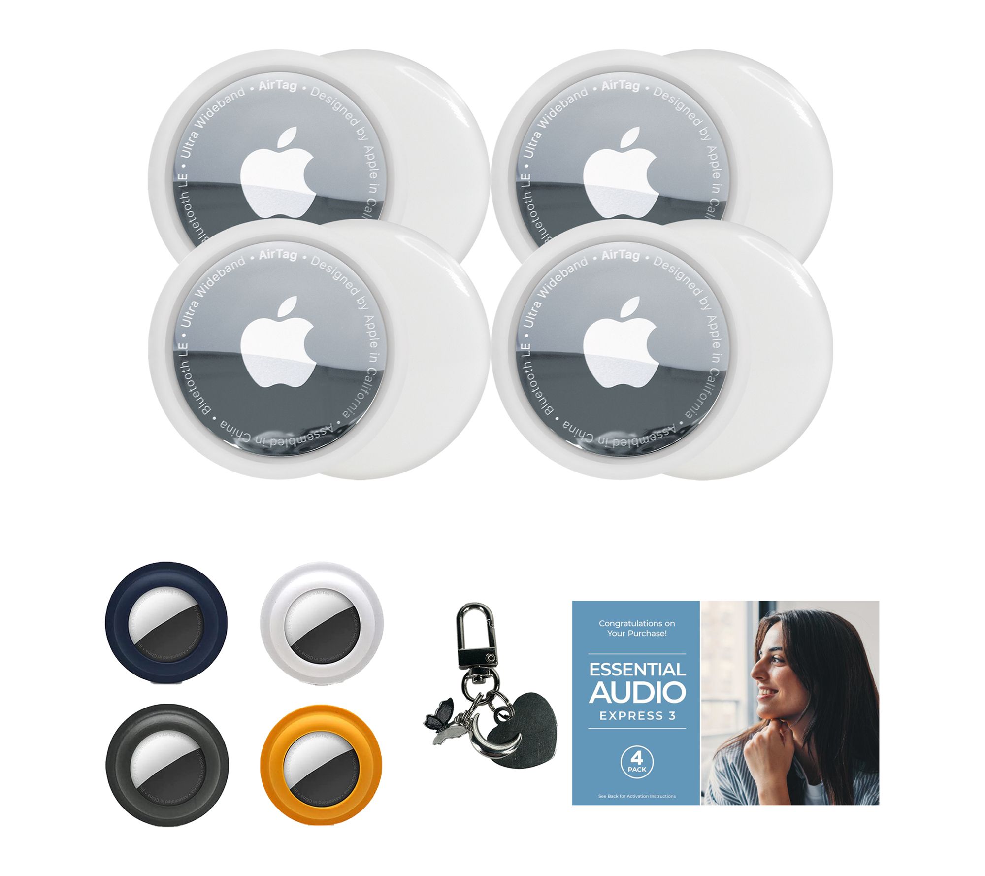 Apple AirTags 4 pk with Silicon e Holder and 2 Piece Silver Ch