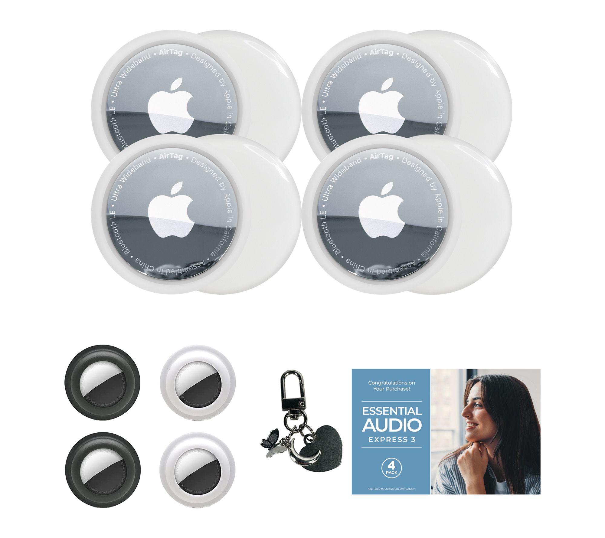 Apple AirTags 4pk w/ Silicone Holder and 2-Piece Silver Charms