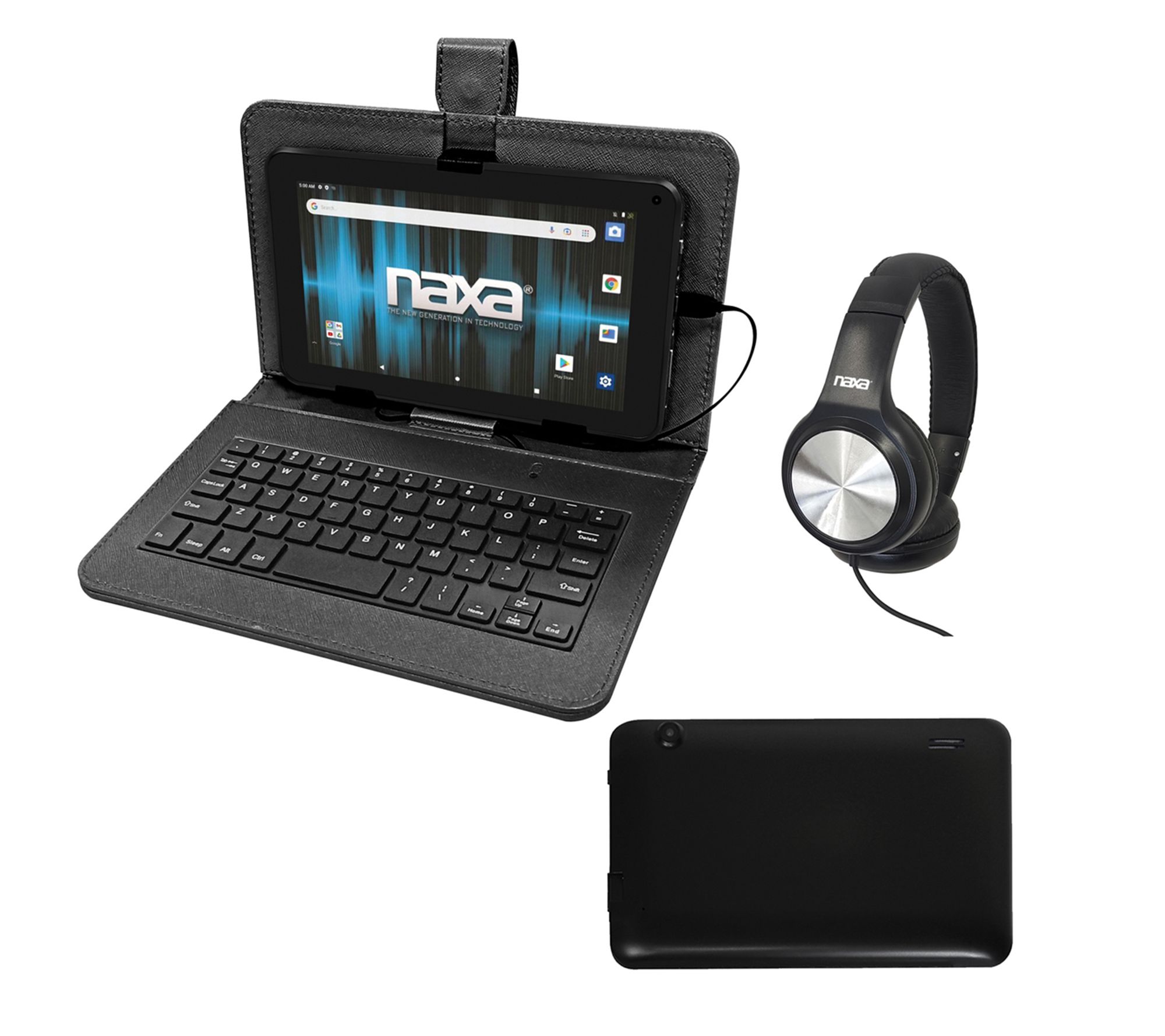 Naxa 7" Core Android 11 Tablet, USB Keyboard Case & Headphones