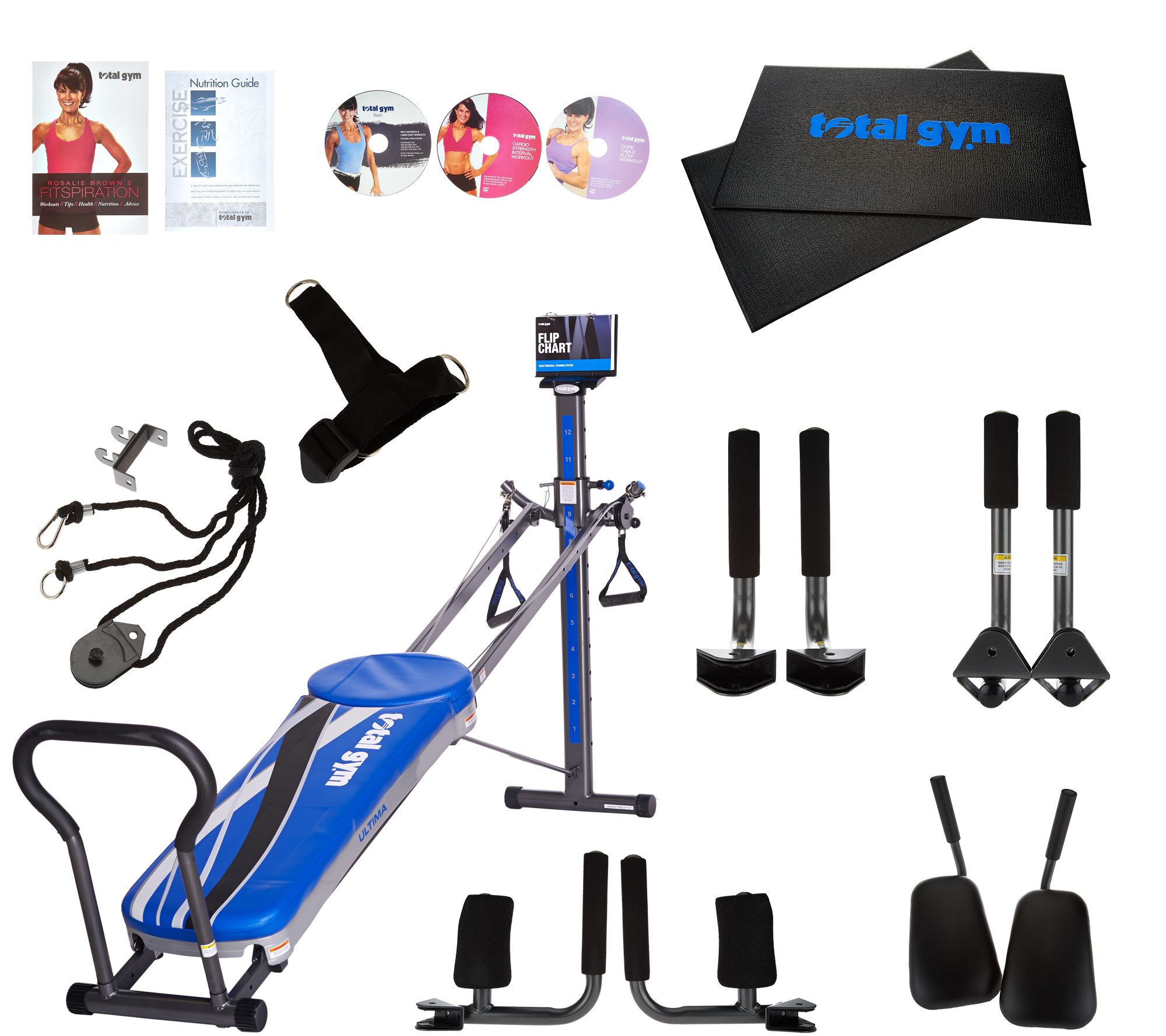 Total Gym Ultima Blue with 3 DVDs, 2 Floor Mats & 10 Attachments
