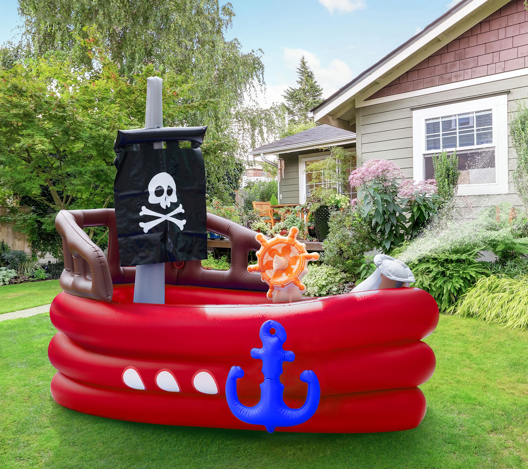 Water Fun Pirate Boat Inflatable Sprinkler with Pump - QVC.com