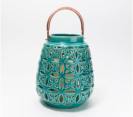 Indoor/Outdoor Illuminated Pierced Ceramic Lantern by Valerie
