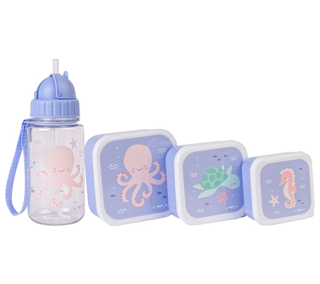 Saro Set of 3 Lunch Boxes and Kids Bottle w/ St raw Set