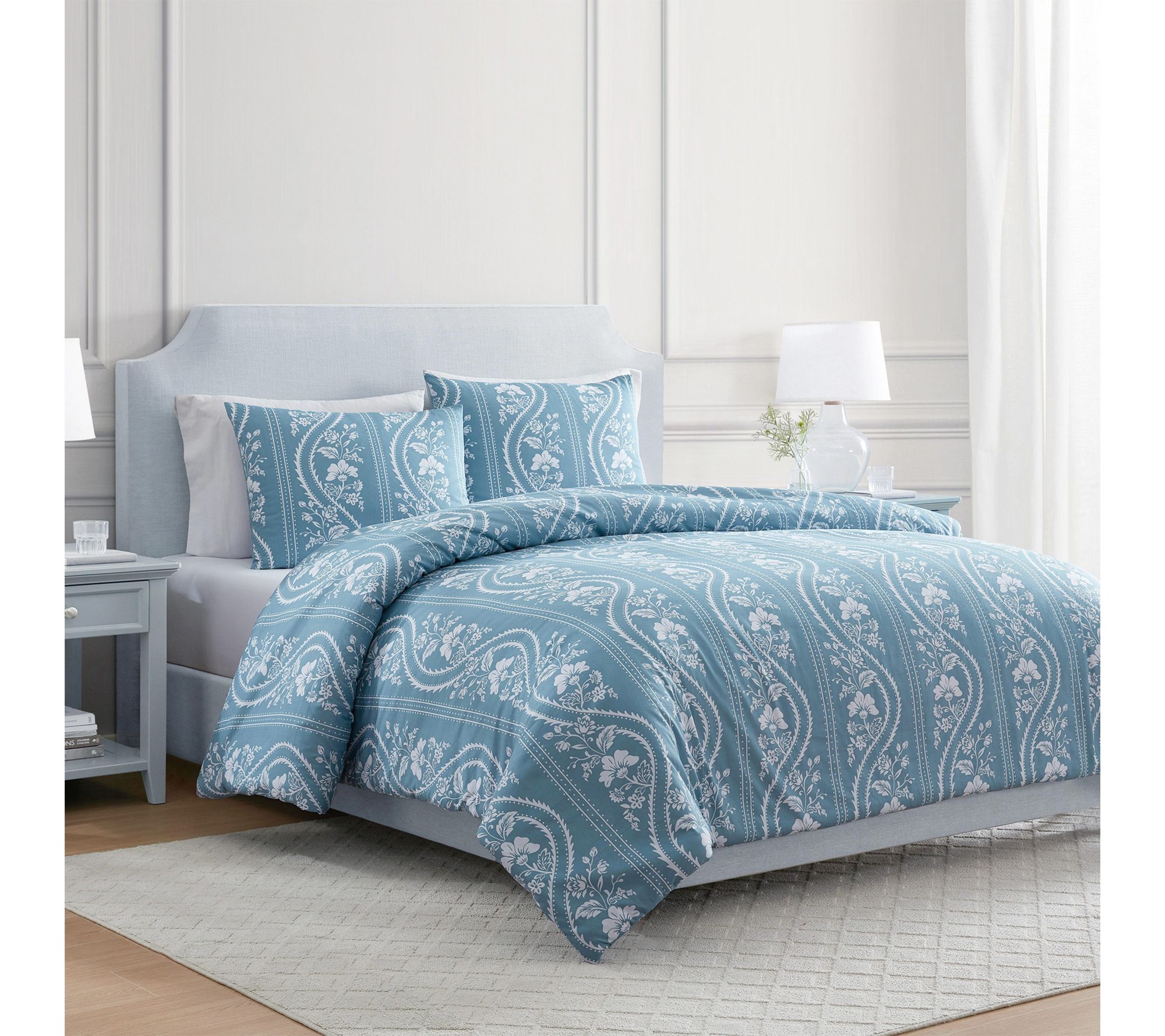 Martha Stewart Sophia Stripe Blue Cotton QueenDuvet Set