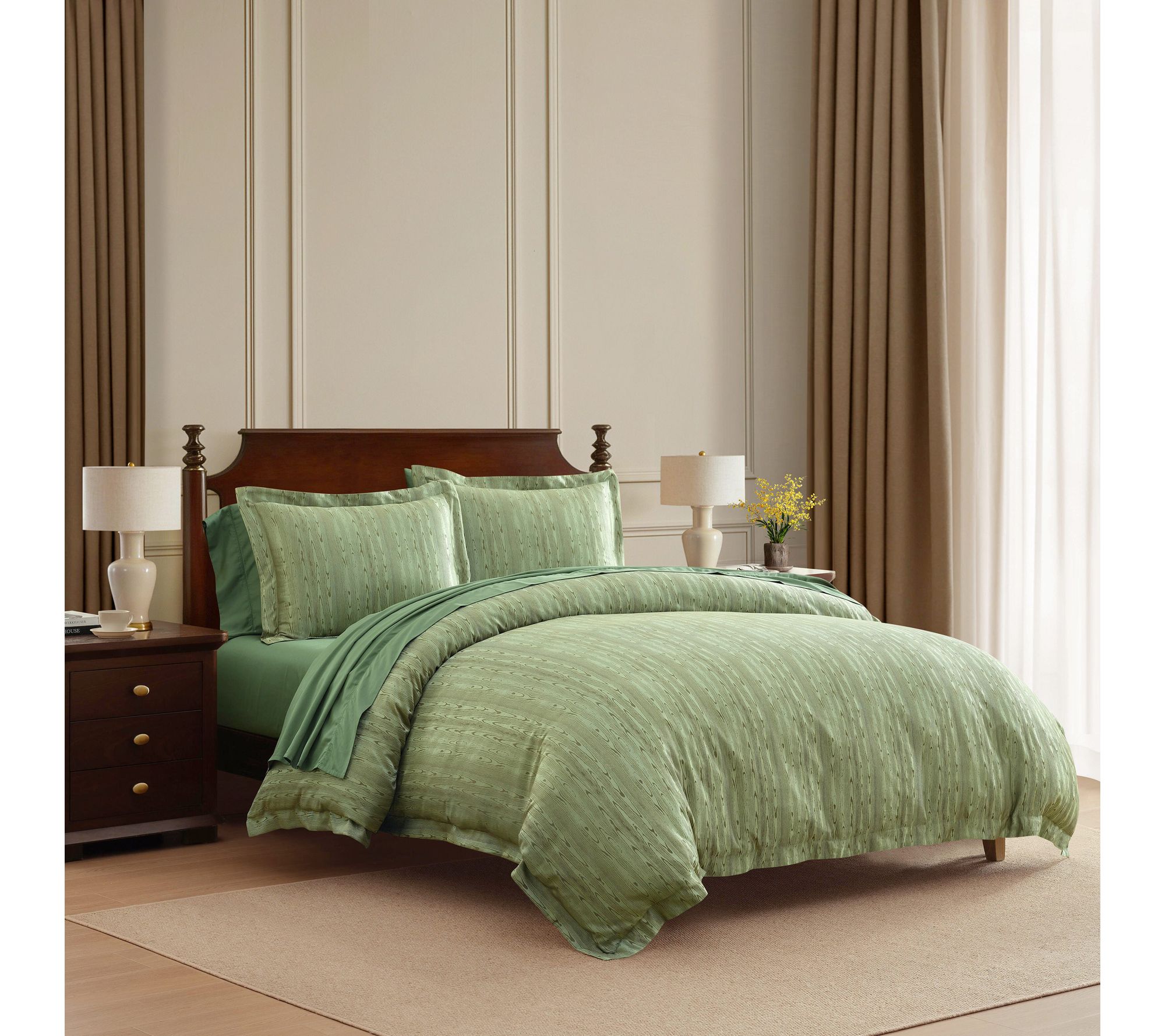 Martha Stewart Faux Bois Green Cotton Blend Queen Duvet Set