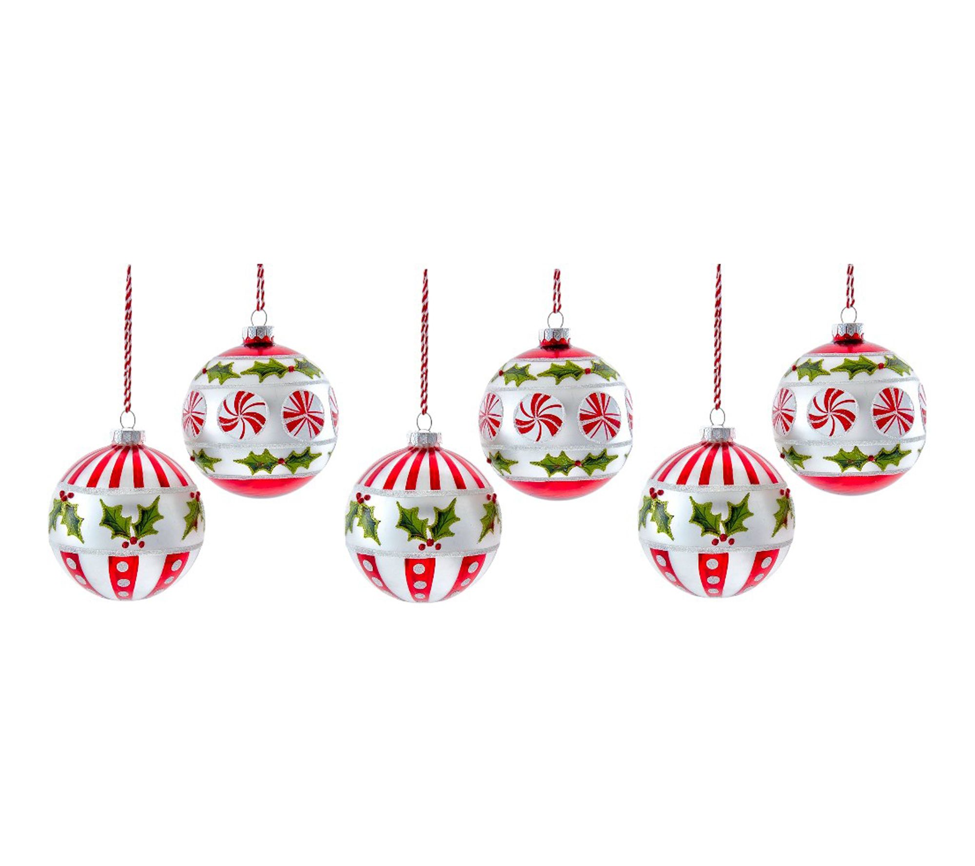 RC Home Decor-Set of 6 Peppermint & Holly GlassBall Ornaments