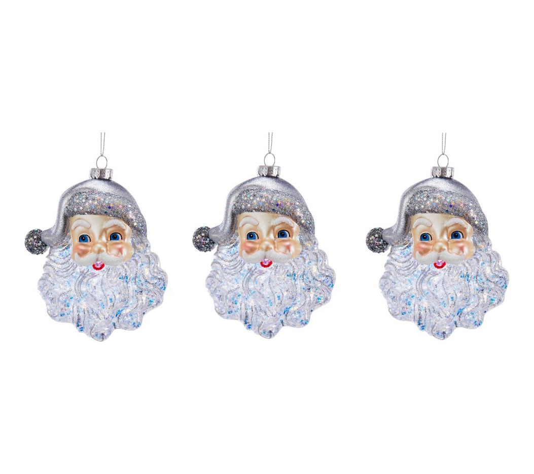 RC Home Decor-Set of 3 Glittered Silver Santa Face Ornaments