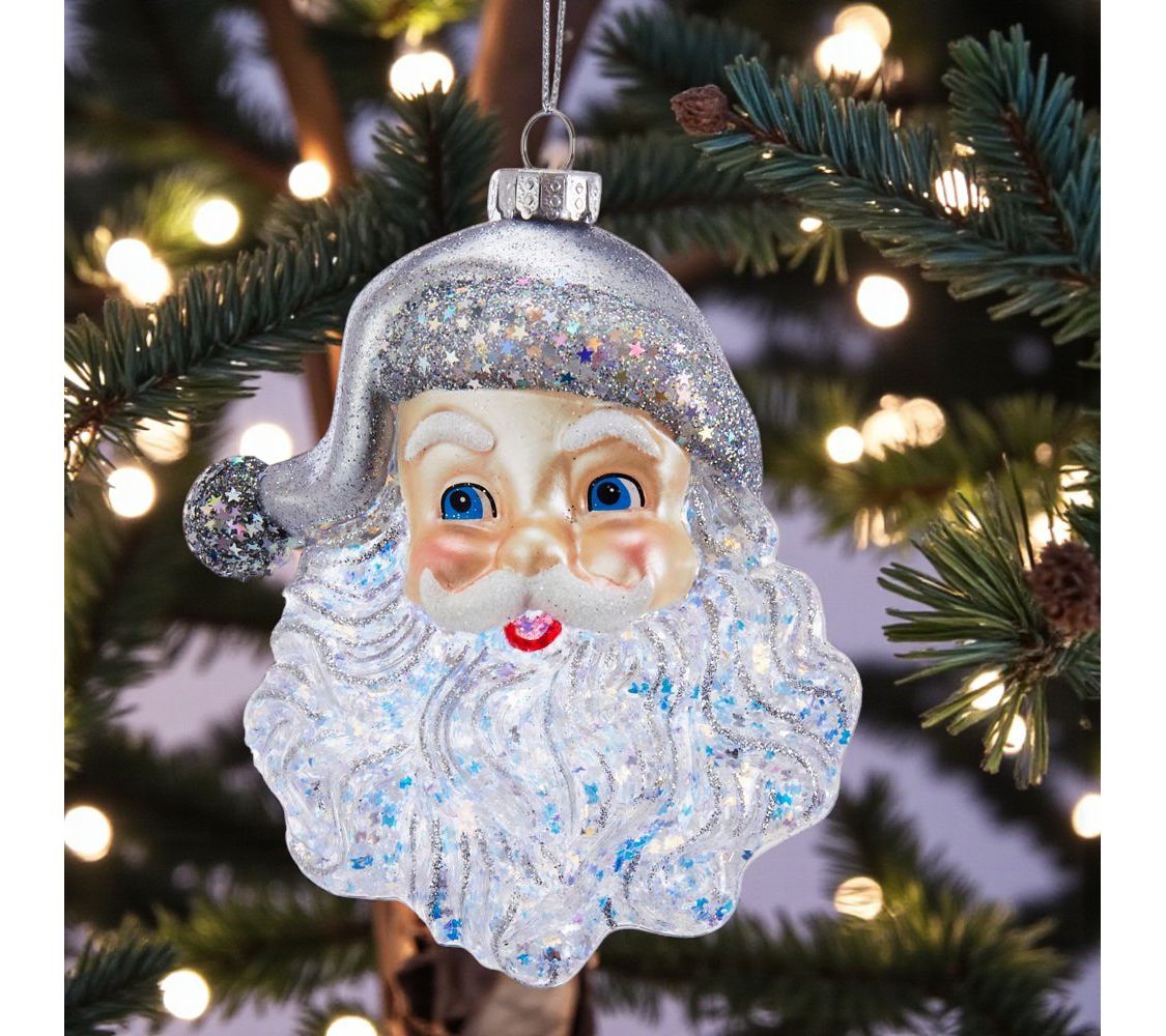 GR 星のオーナメント サンタ RC Home Decor-Set of 3 Glittered Silver Santa Face Ornaments - QVC.com