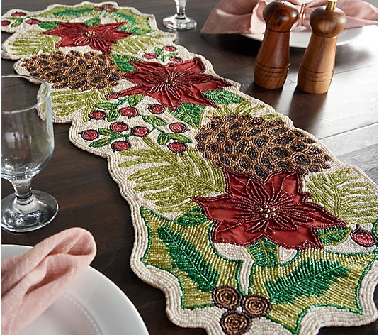 36" Beaded Poinsettia and Pinecone Table Runner by Valerie
