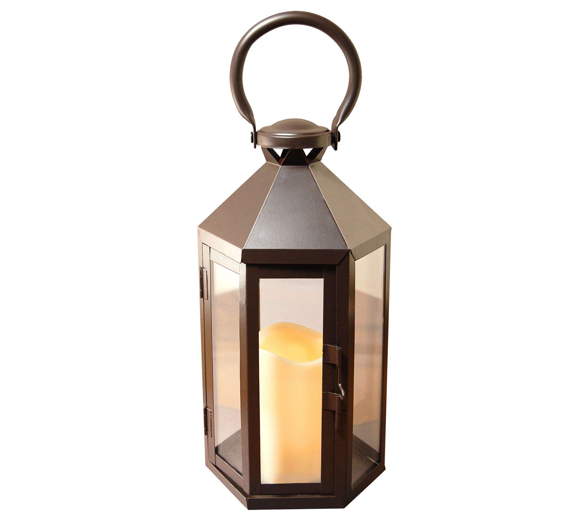 LumaBase Warm Black Hexagon Metal Lantern withLED Candle