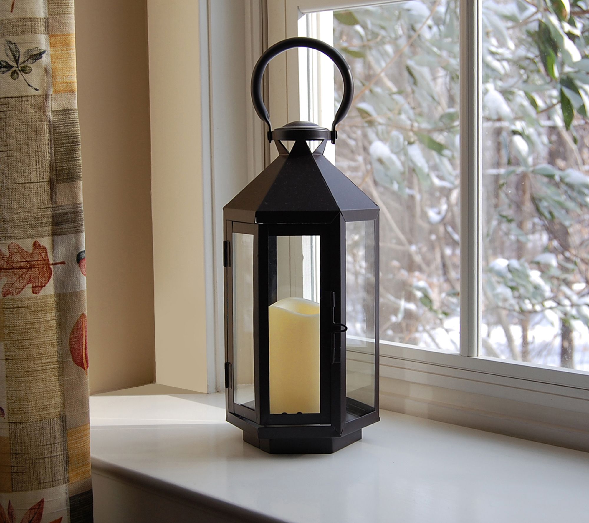 LUMABASE Metal Lantern with Moving Flame LED Candle - Black with