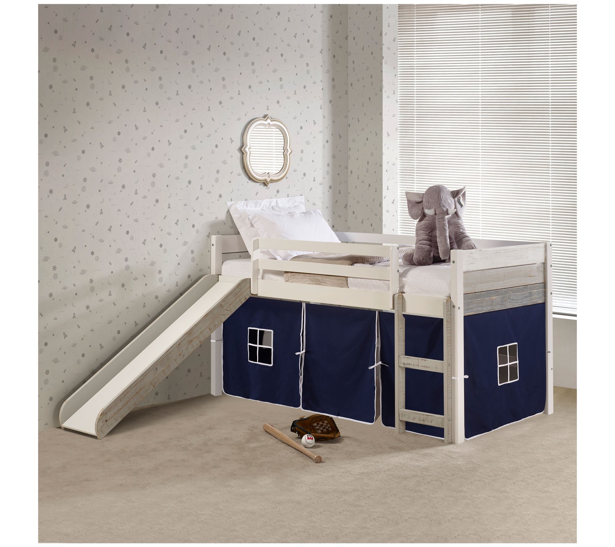 Donco Kids Twin Panel Two-Tone Low Loft Bed w/Slide & Tent Kit