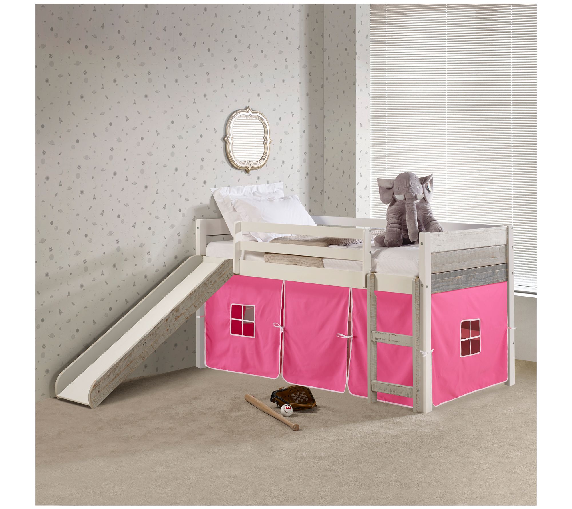 Donco Kids Twin Panel Two-Tone Low Loft Bed w/Slide & Tent Kit