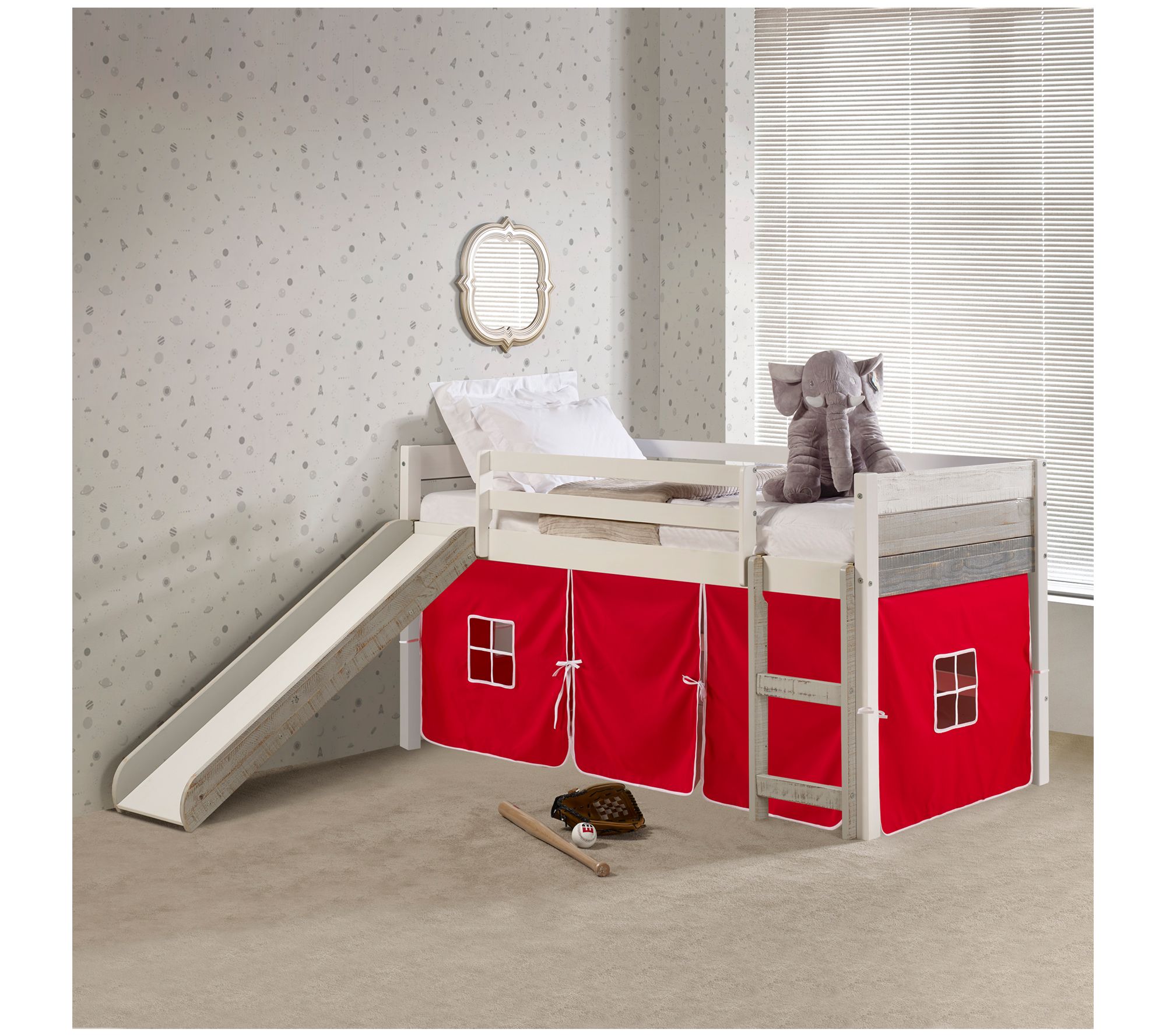 Donco Kids Twin Panel Two-Tone Low Loft Bed w/Slide & Tent Kit