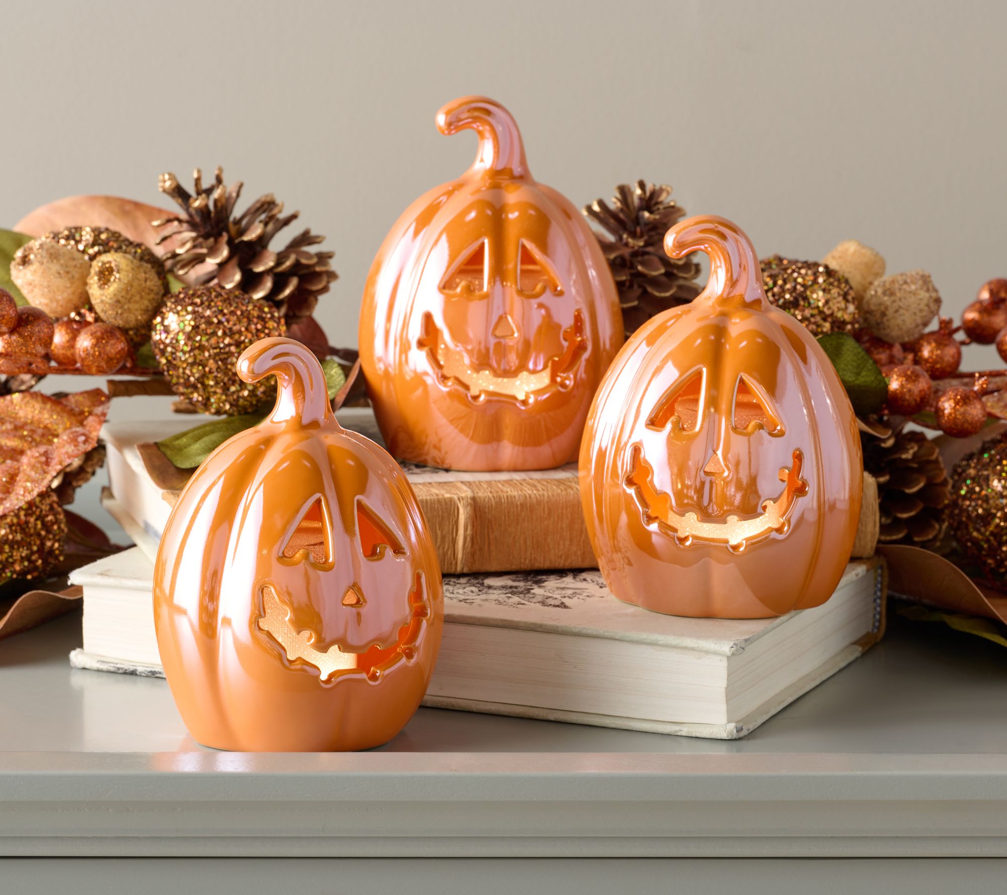 "As Is" Set of 3 Illuminated Ceramic Jack-O-Lanterns by Valerie