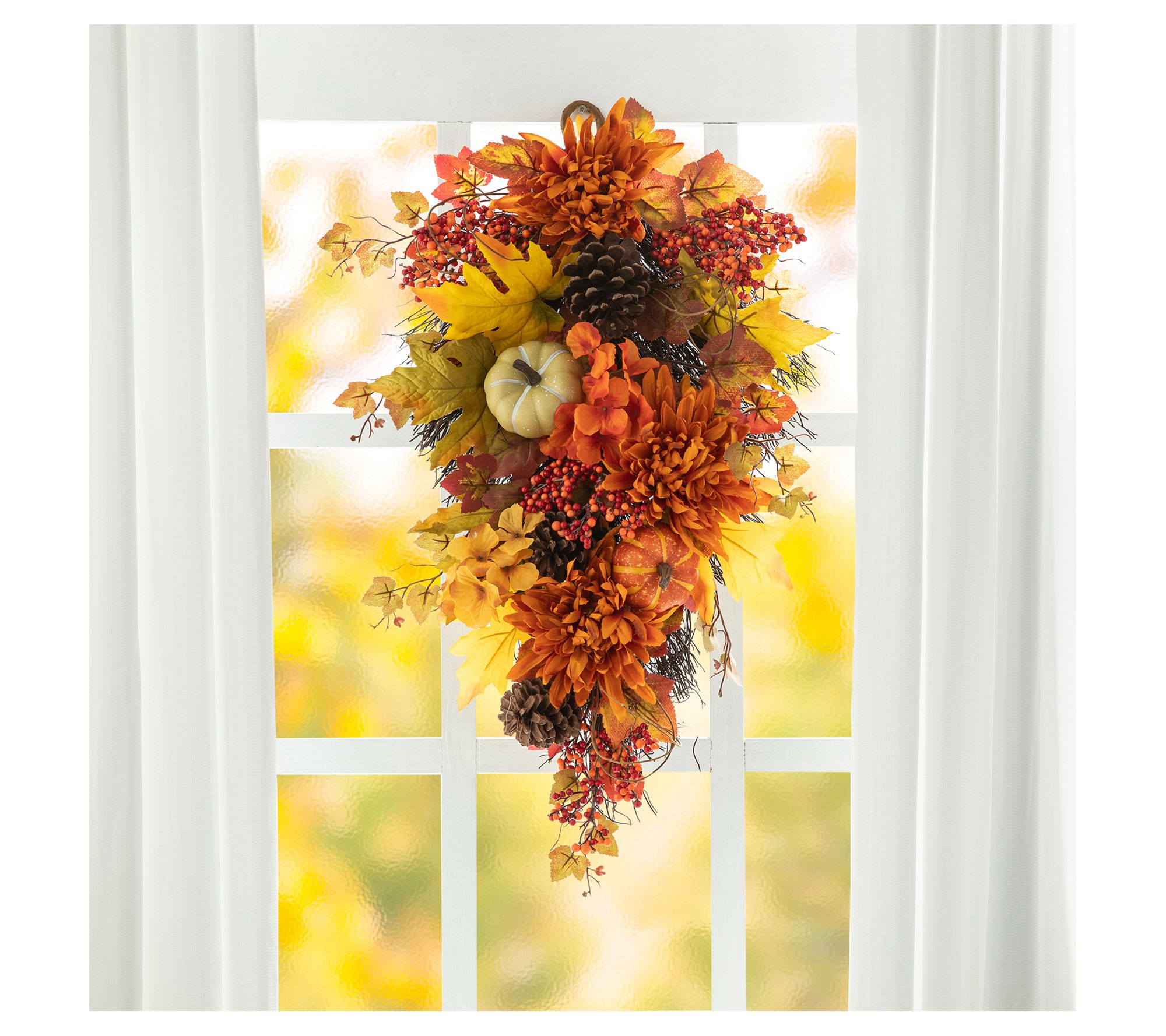 Glitzhome 27"H Fall Dahlia Pumpkin,  Leaf and Berry Swag