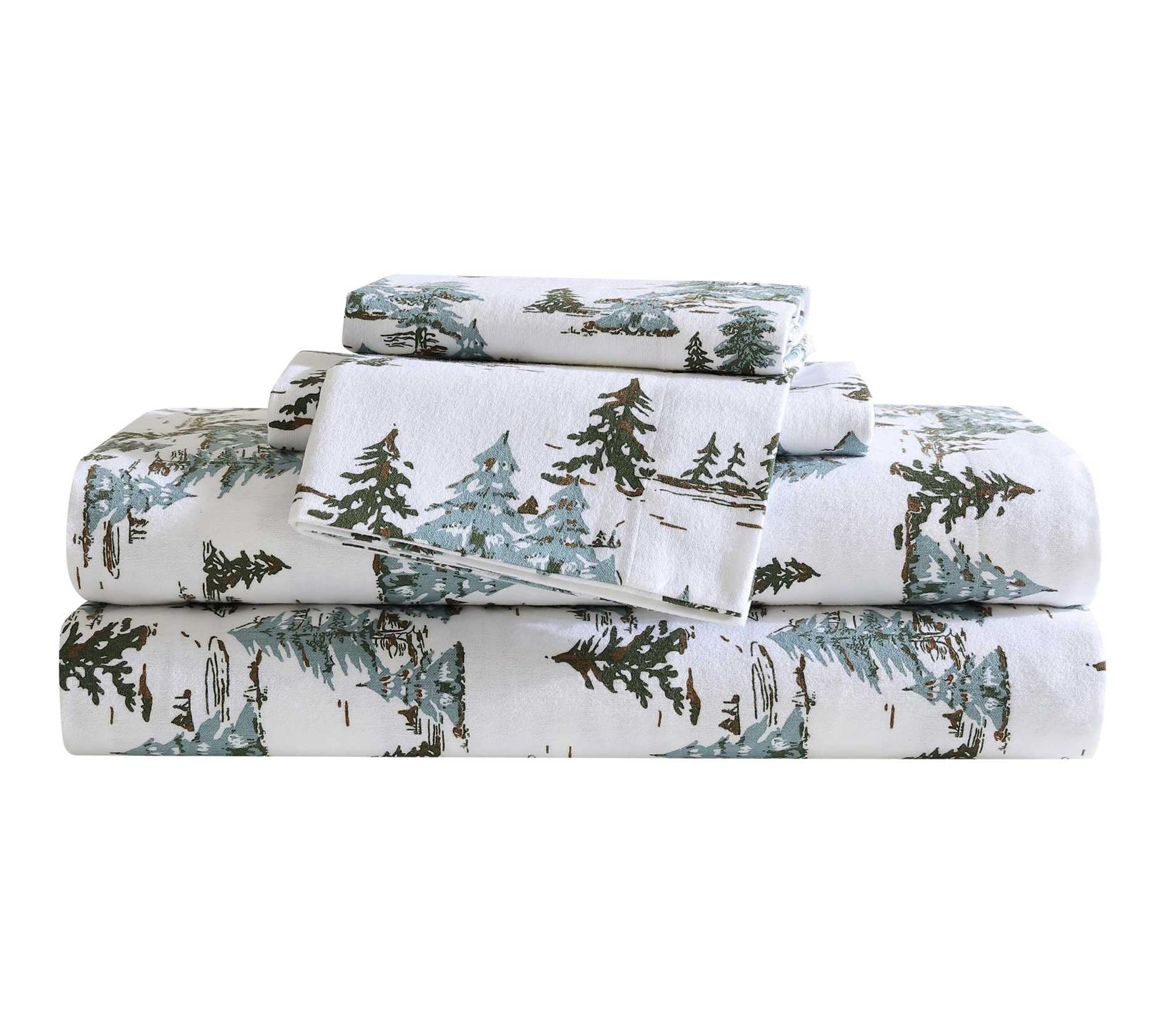 Eddie Bauer Snowy Pine Trees Cotton Flannel Queen Sheet Set
