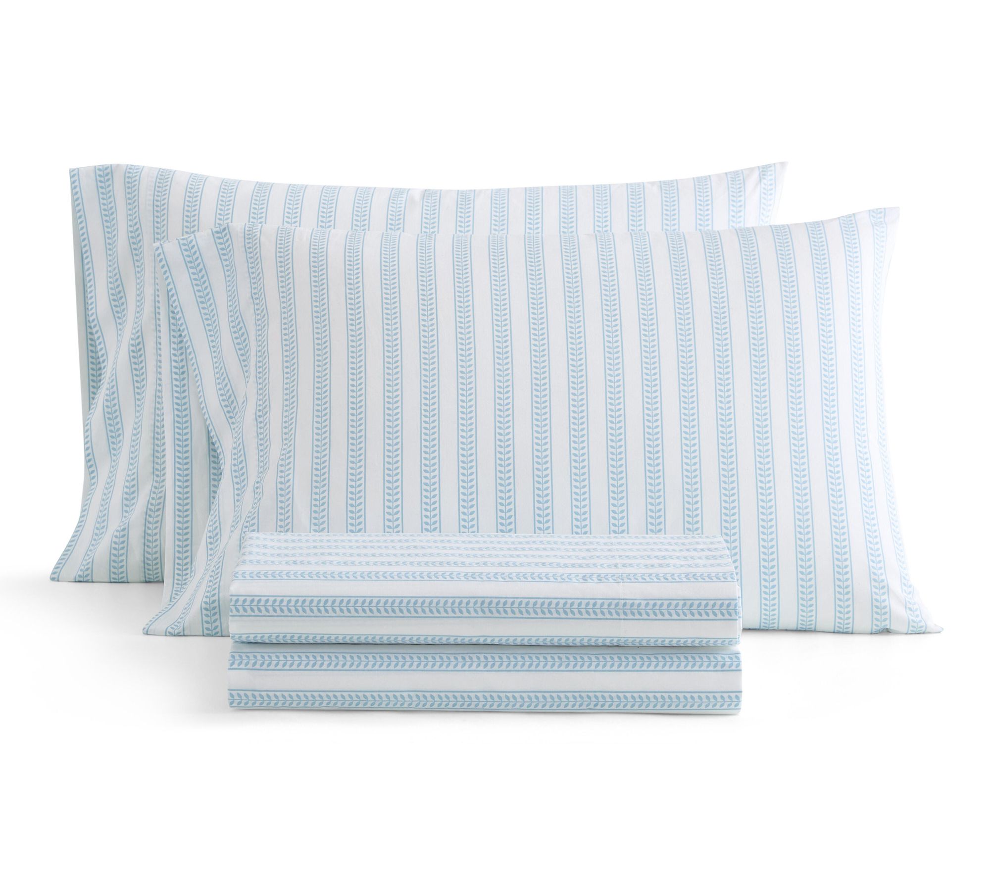 Martha Stewart Leaf Stripe White/Blue Cotton Queen Sheet Set