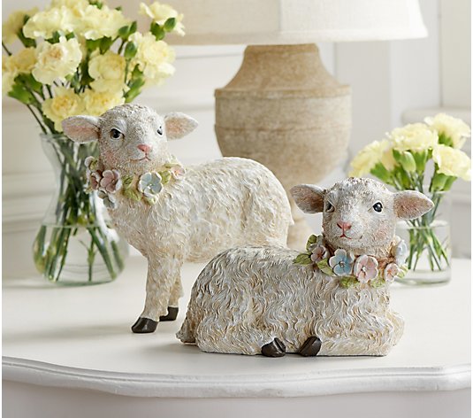 Set of 2 Baby Lamb Figures with Jeweled Garlands by Valerie