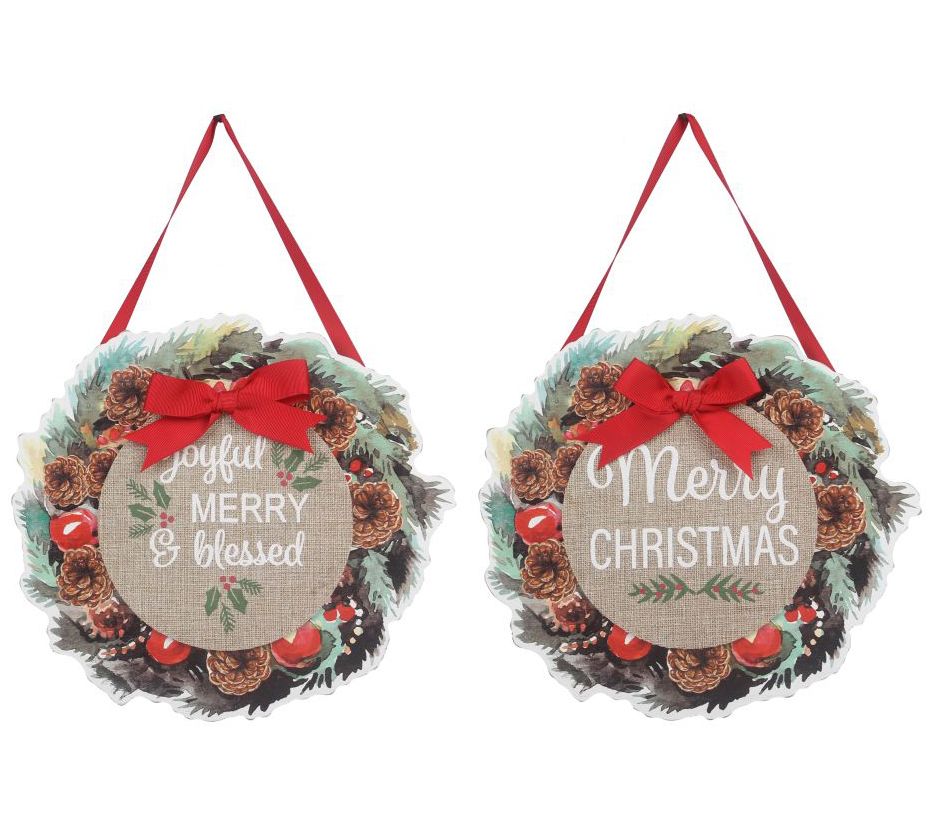 Young's wood wreath Christmas wall sign (set of 2)