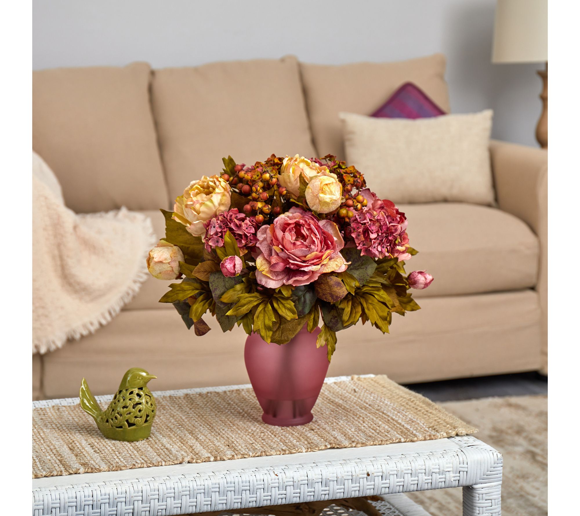 Nearly Natural 16" Peony Arrangement in Rose Vase