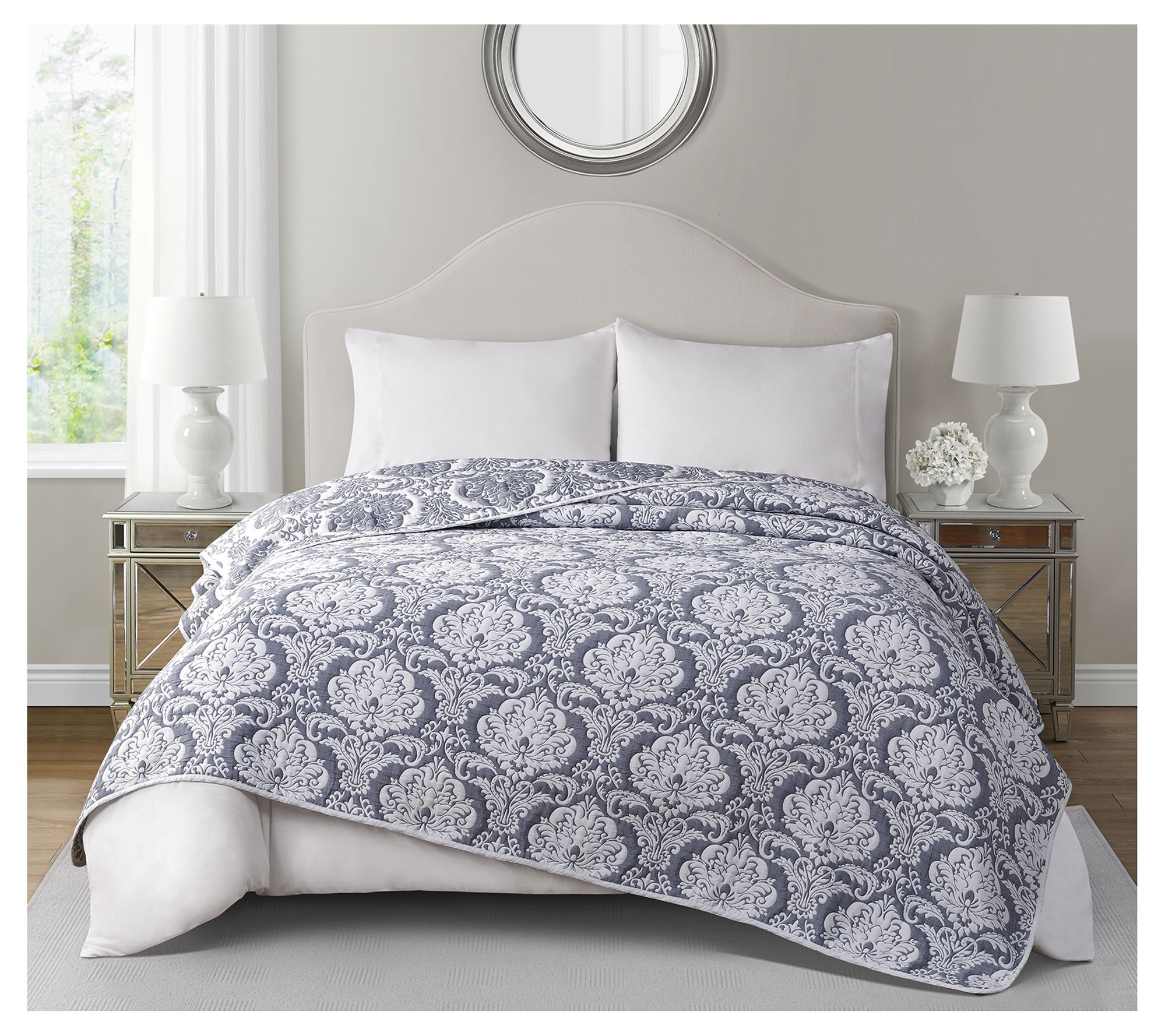 Tahari Home Hannah Damask Reversible Coverlet,Queen