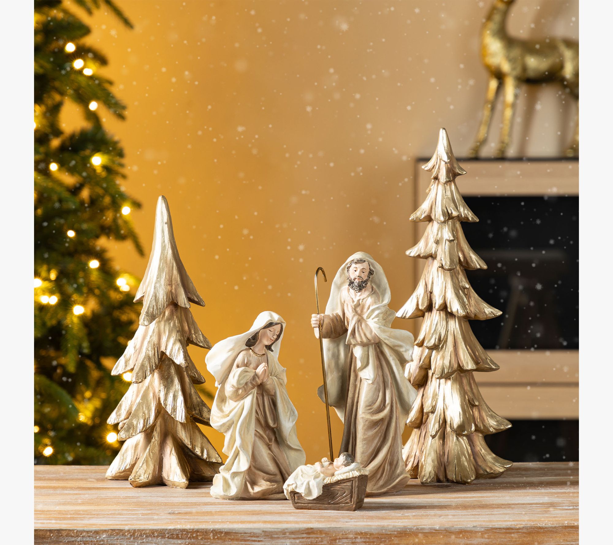 Glitzhome Set of 5 Gold Resin Holy Family withChristmas Trees