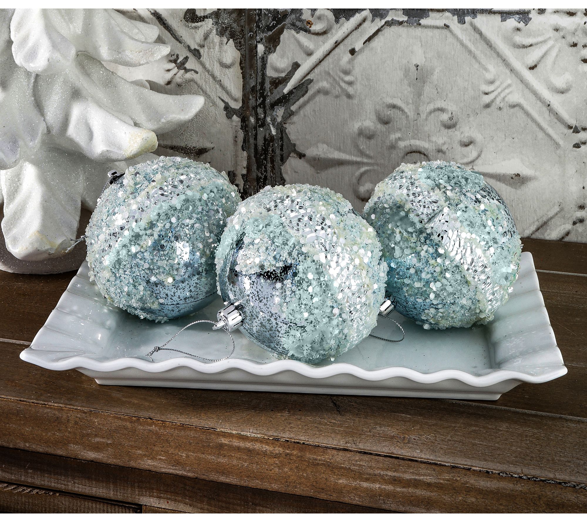 4" Shatterproof Iced Mirror Ball Ornament Box of 3 by Valerie