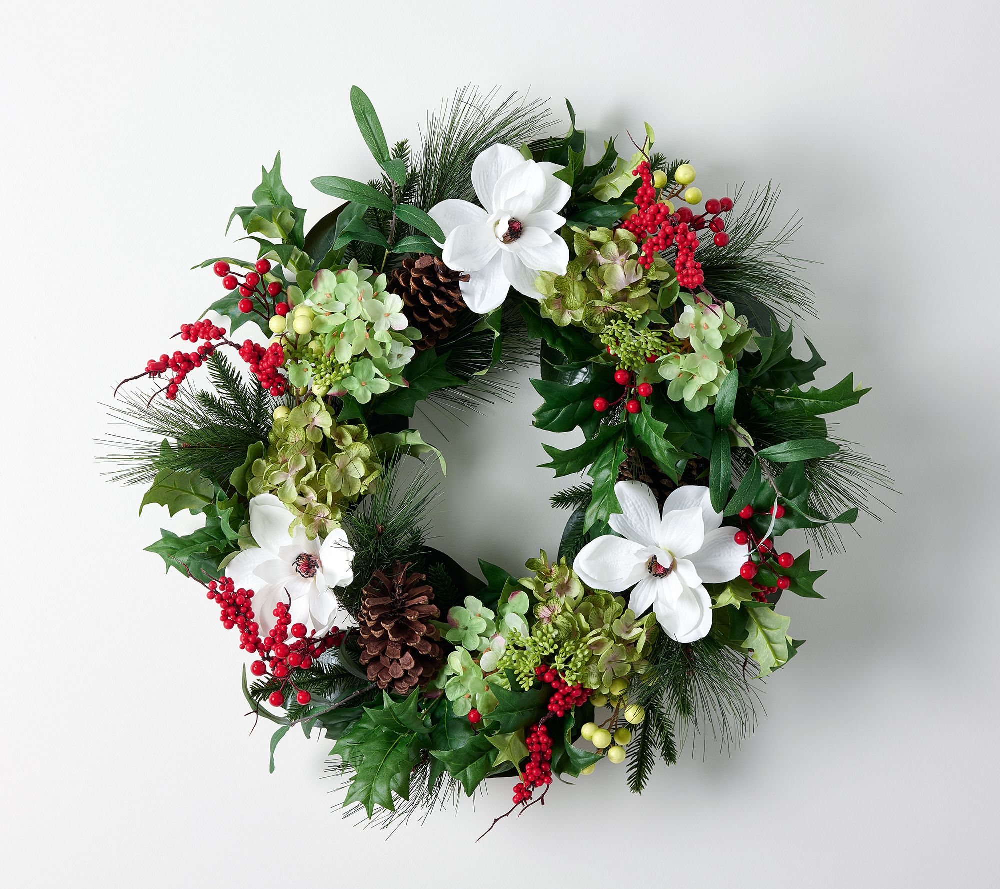 26" Magnolia, Hydrangea and Berry Wreath by Valerie