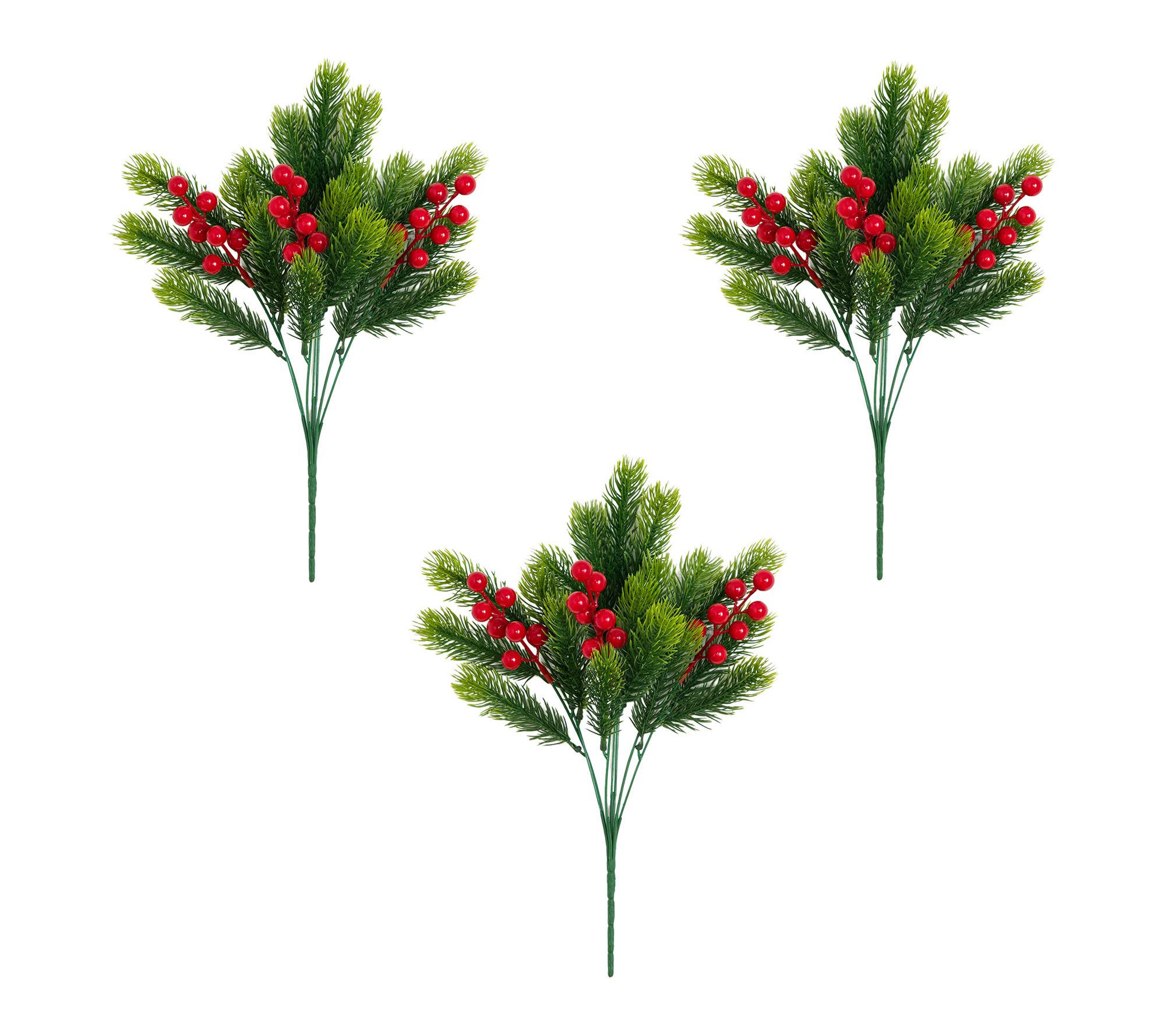15-in Pine and Berries Bush - Set of 3 by Nearly Natural