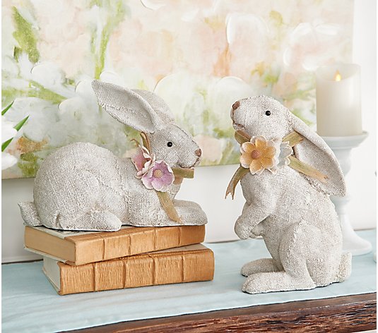 Set of 2 Burlap Bunnies with Flowers by Valerie