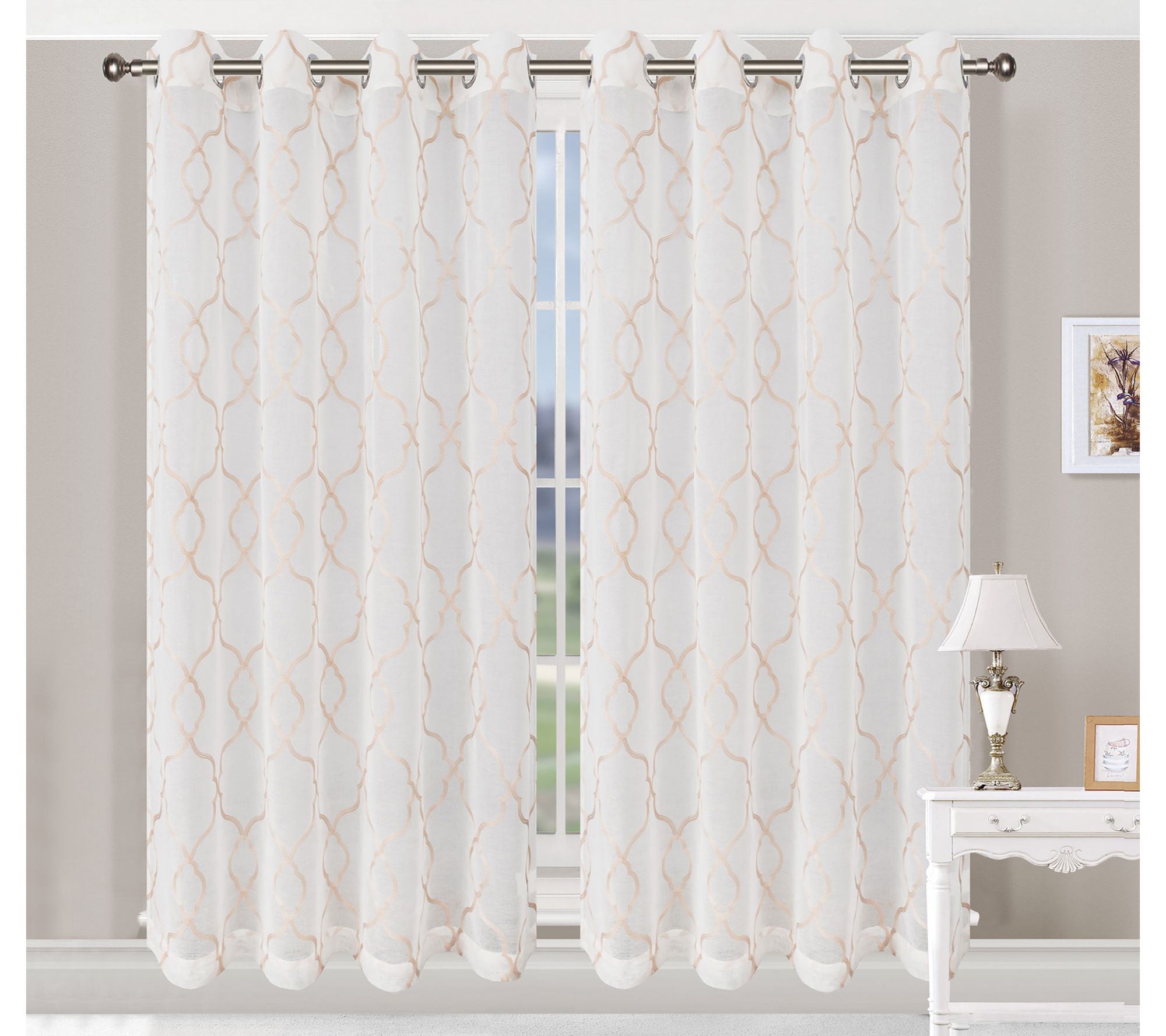 Superior Embroidered Lattice Sheer Curtain Panel Set,42