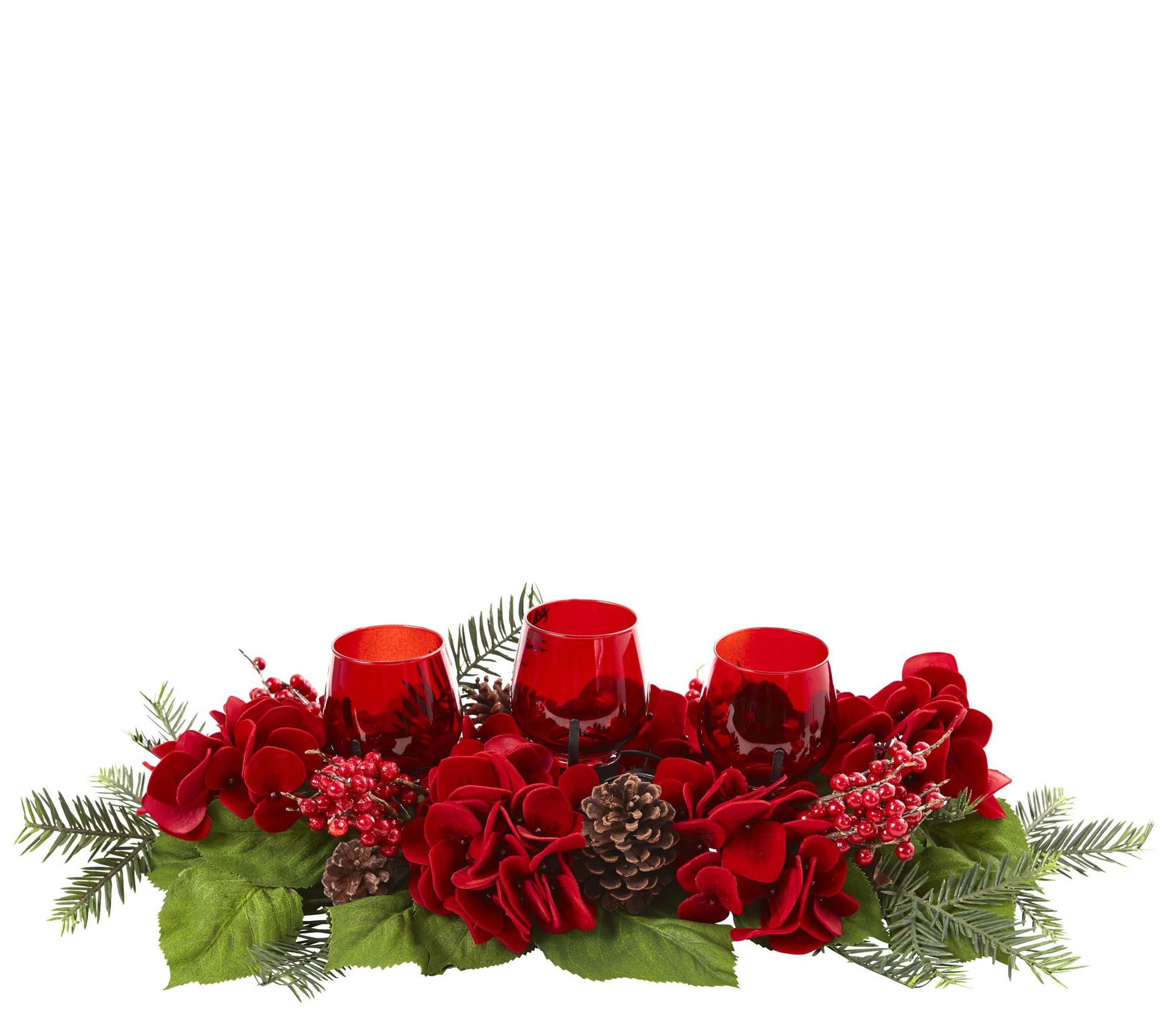 Triple Hydrangea Red Candelabrum by Nearly Natural