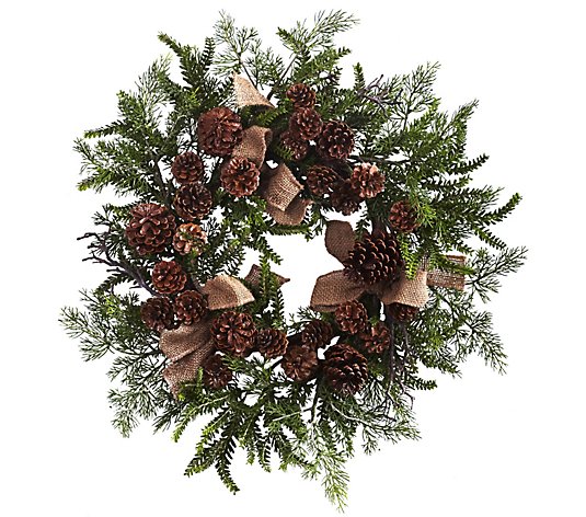 24" Pine & Pinecone Wreath with Burlap Bows byearly Natural