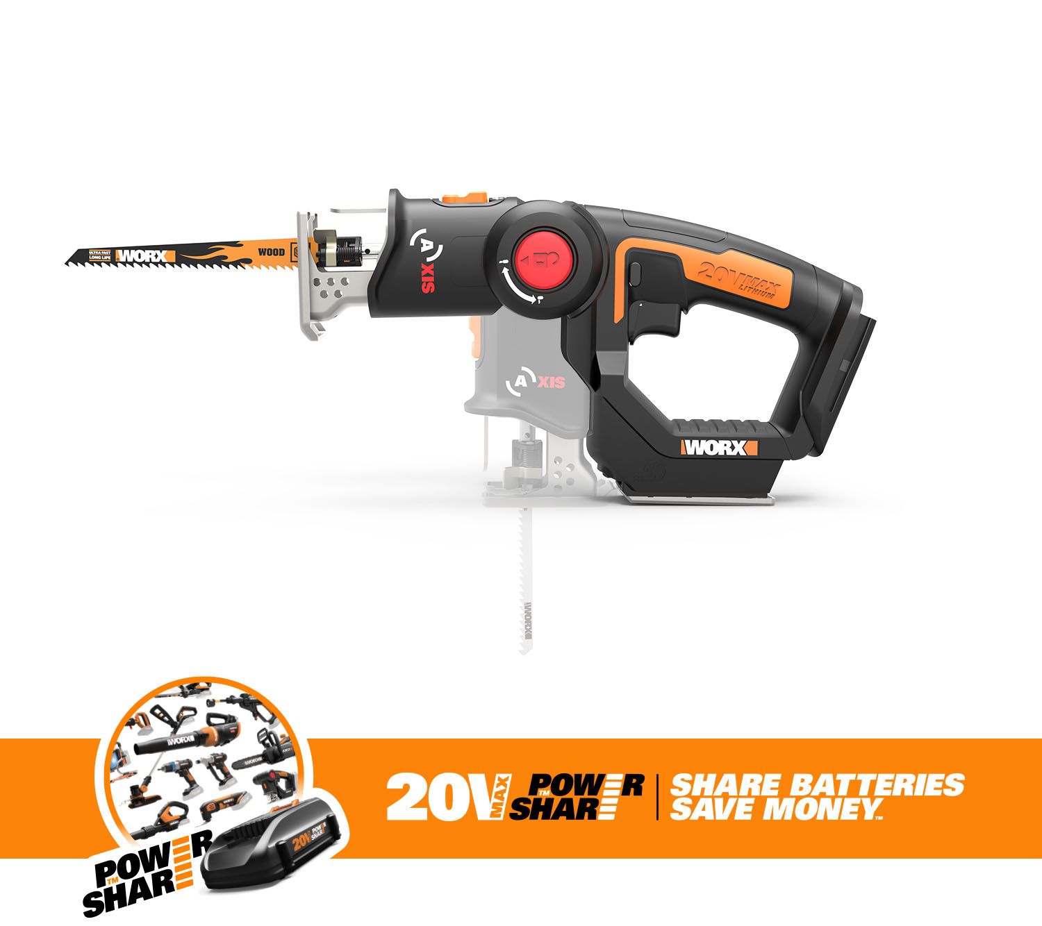 Worx 20V Power Share Jigsaw - WX543L.9 (Tool Only)