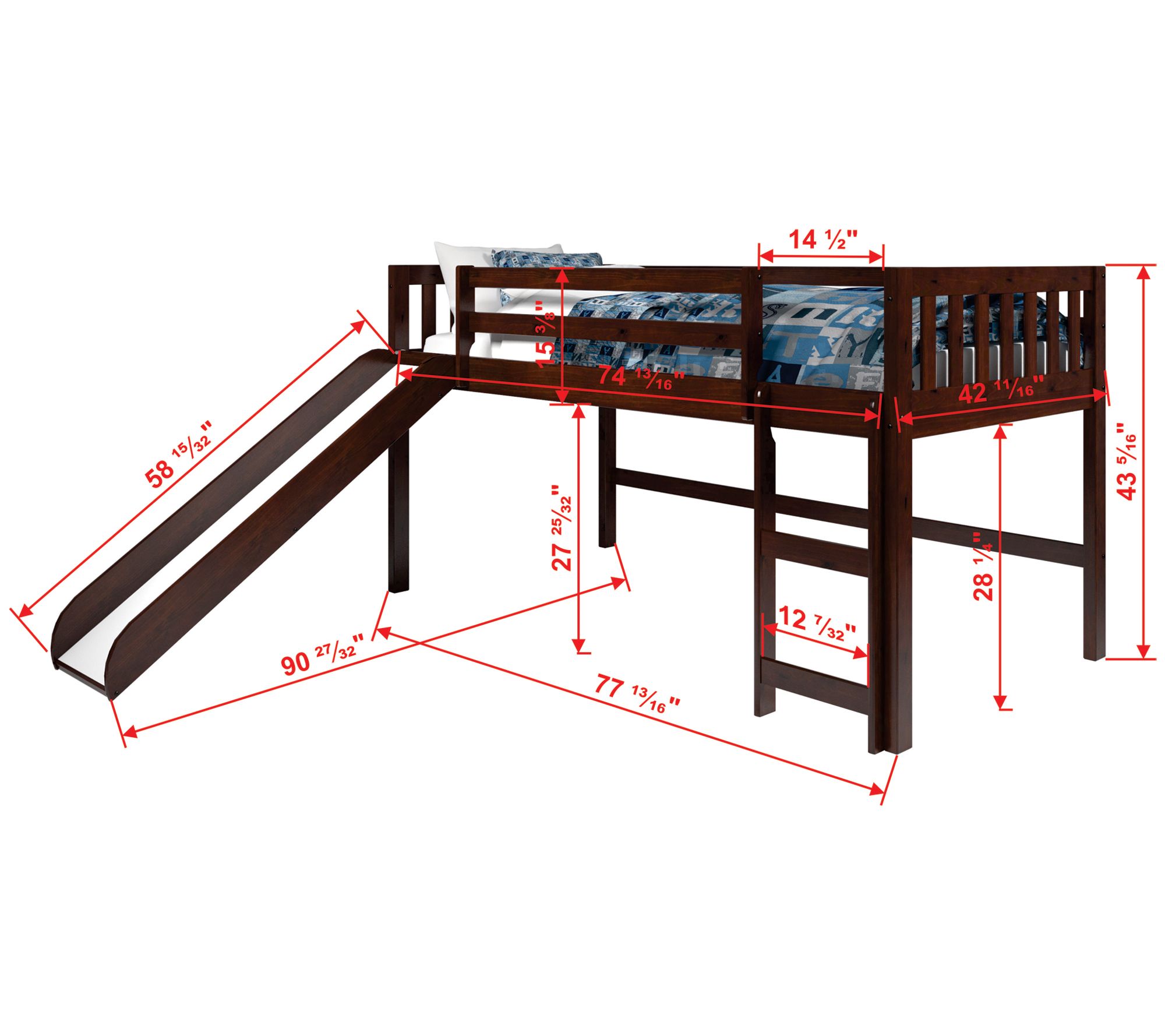 Donco Kids Twin Mission Low Loft Bed w/ Slide &Solid Tent Kit