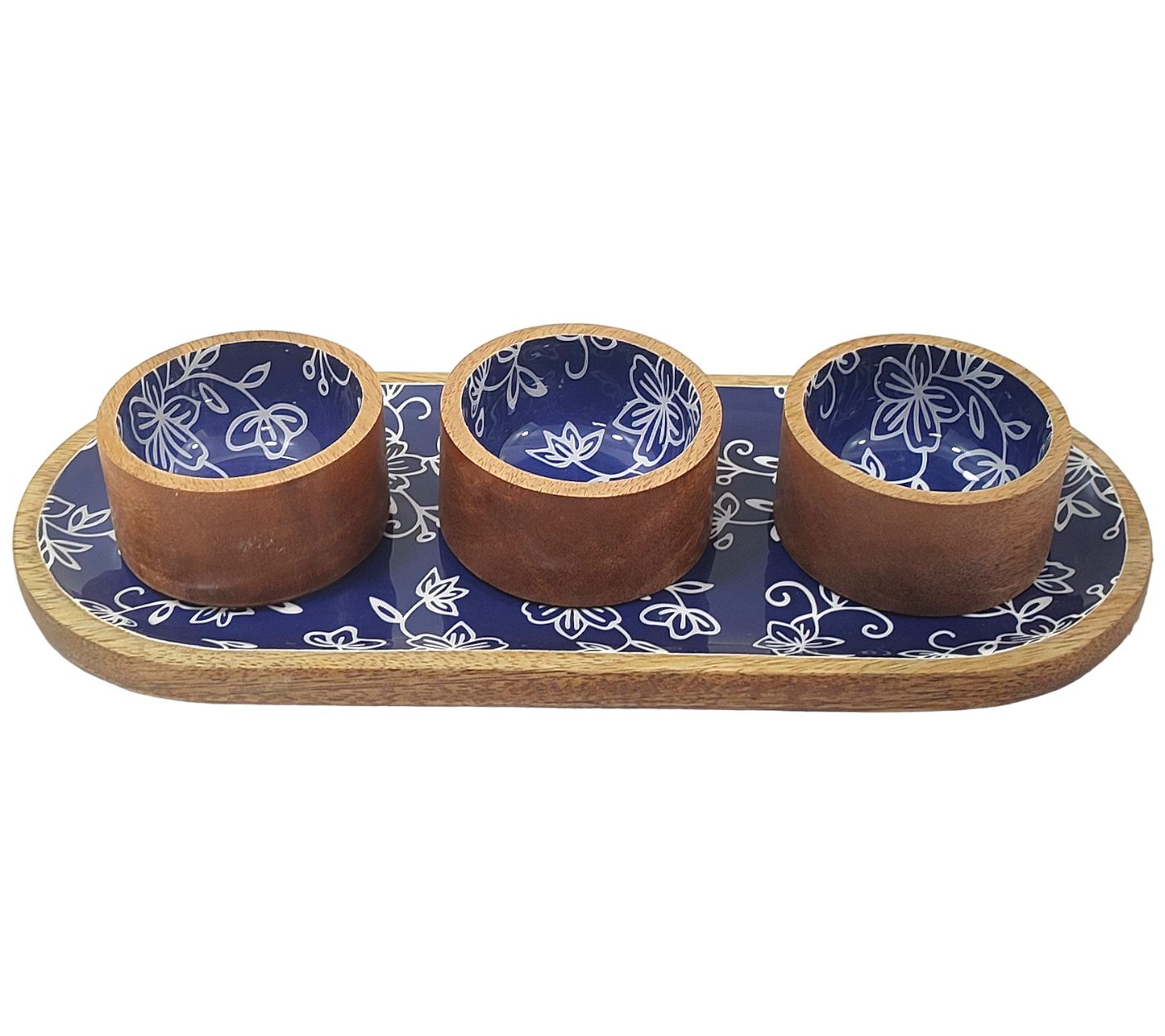Temp-tations Floral Lace Set of (3) Wood Ramekins with Elongated Tray