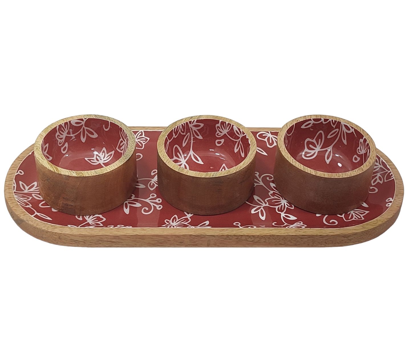 Temp-tations Floral Lace Set of (3) Wood Ramekins with Elongated Tray