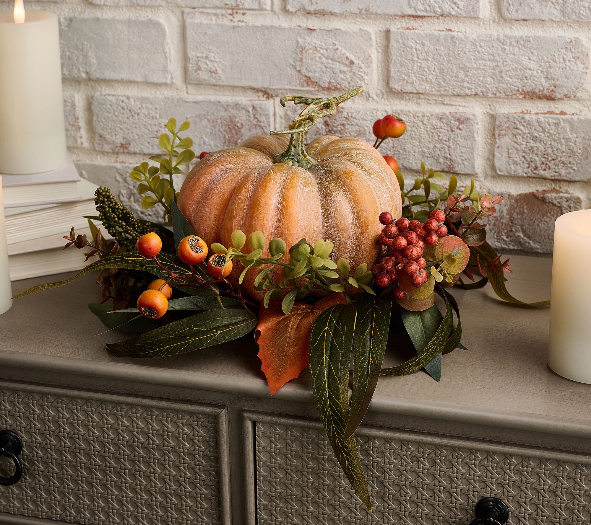Pumpkin Centerpiece with Berries and Leaves by Valerie
