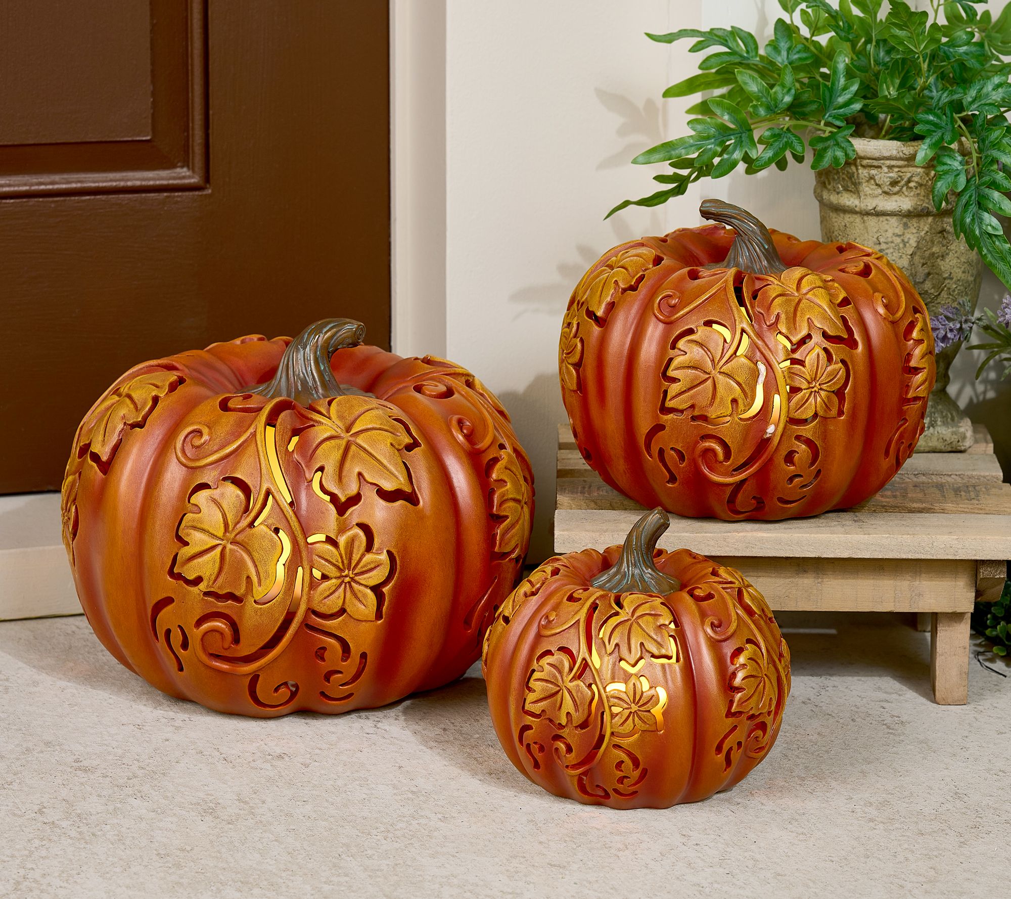 "As Is" 3pc Indoor/Outdoor Flickering Flame Pumpkin by Valerie