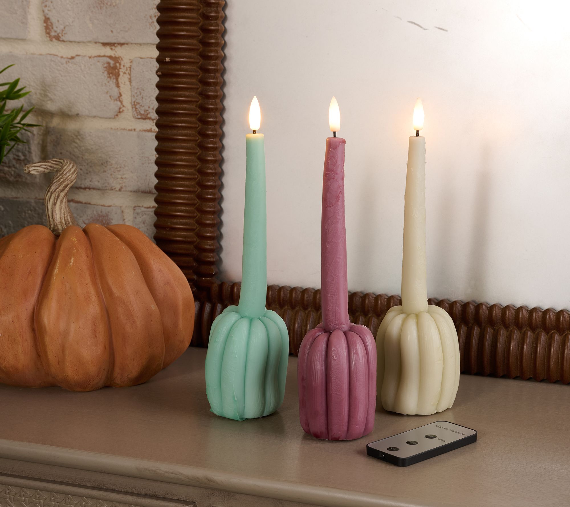 "As Is" Set/3 Flameless Wax Pumpkin Taper Candles by Lauren McBride