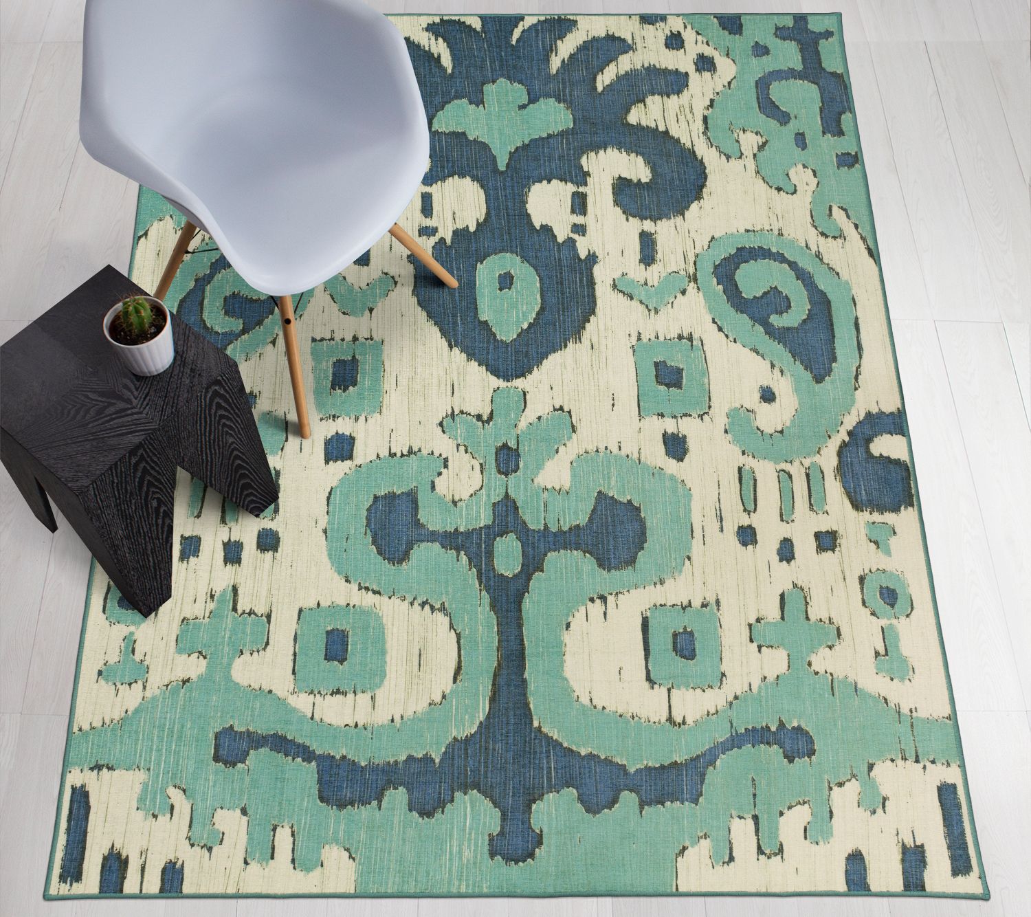 My Magic Carpet Washable Rug Ochre Ikat Steel Blue 5x7