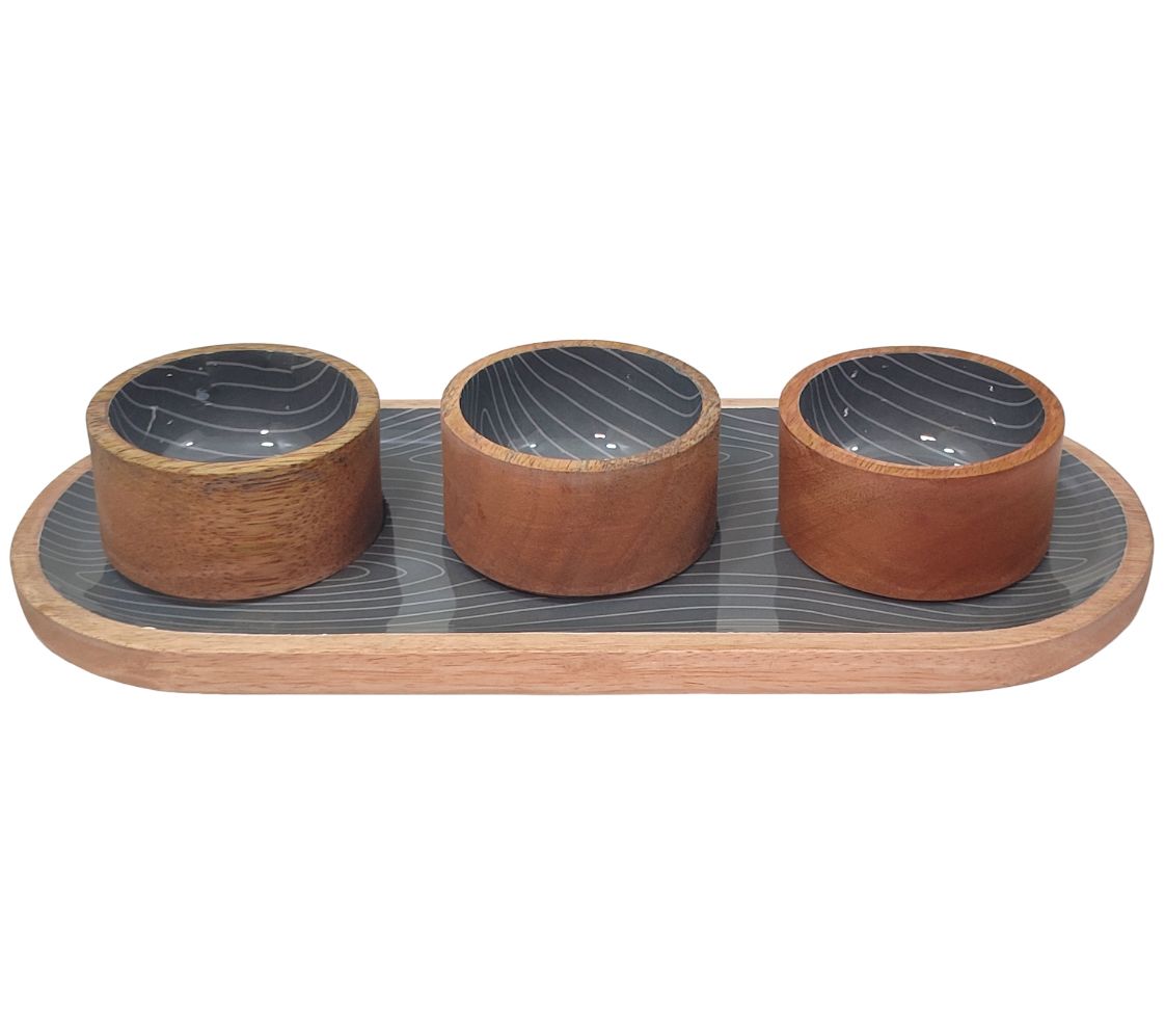 Temp-tations Woodland Set of (3) Wood Ramekins with Elongated Tray