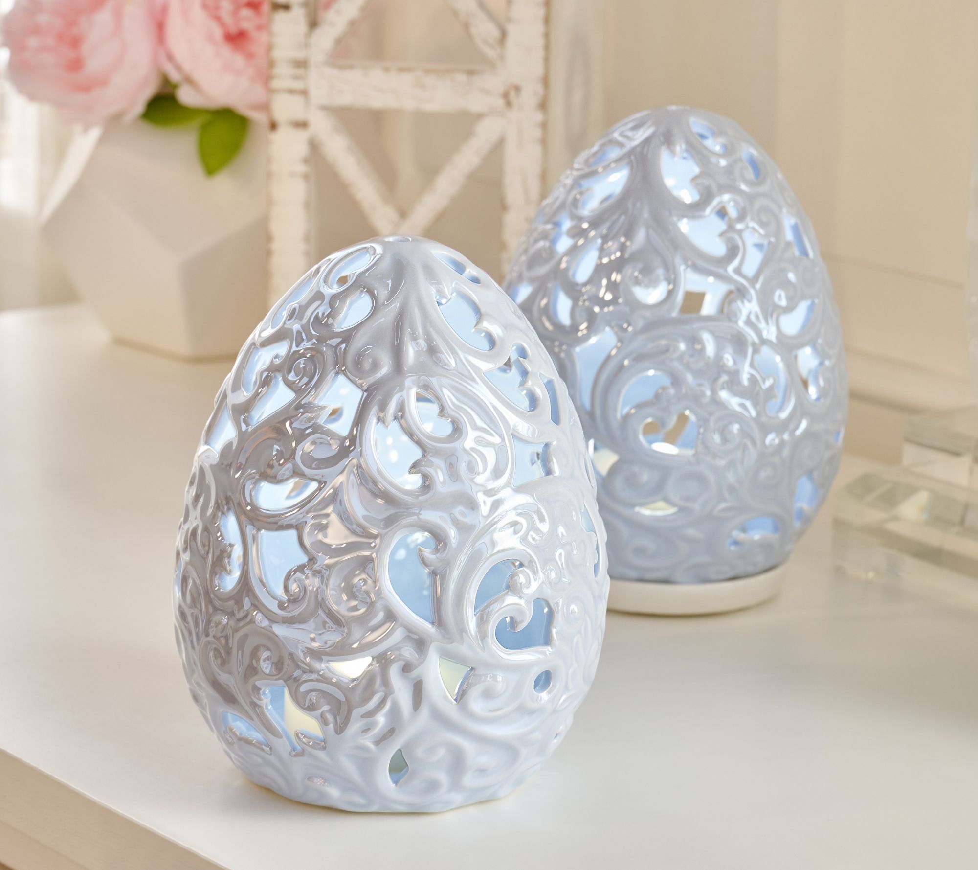 "As Is" Set of 2 6.5" Lit Pearlized Ceramic Eggs by Valerie