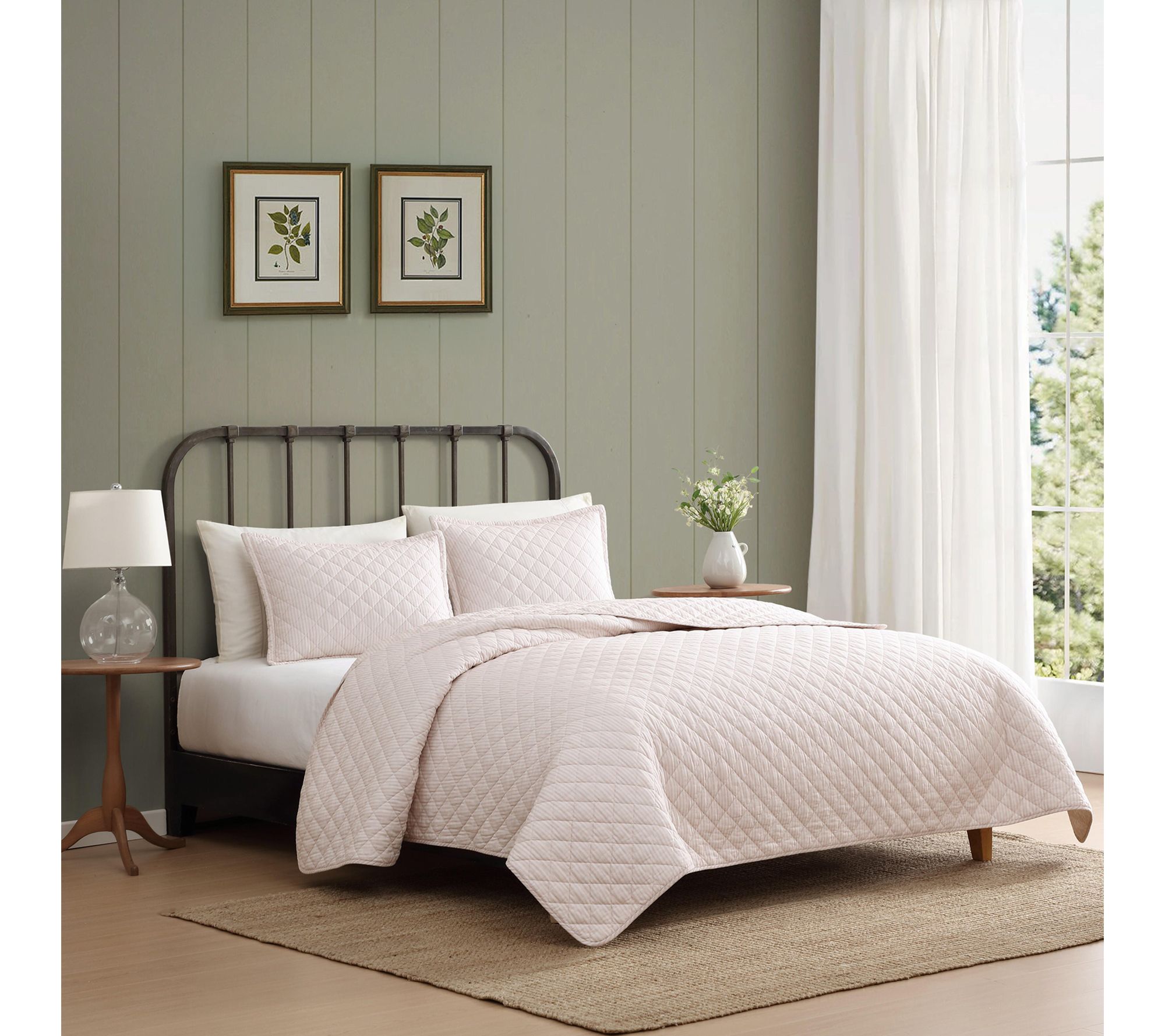 Laura Ashley Tessa Ticking Stripe Pink Cotton F/Q Quilt Set