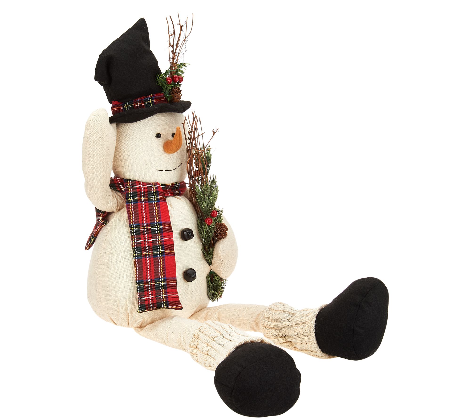 Set of 3 Linen Snowmen w/ Felt Details & Plaid Scarves by Valerie