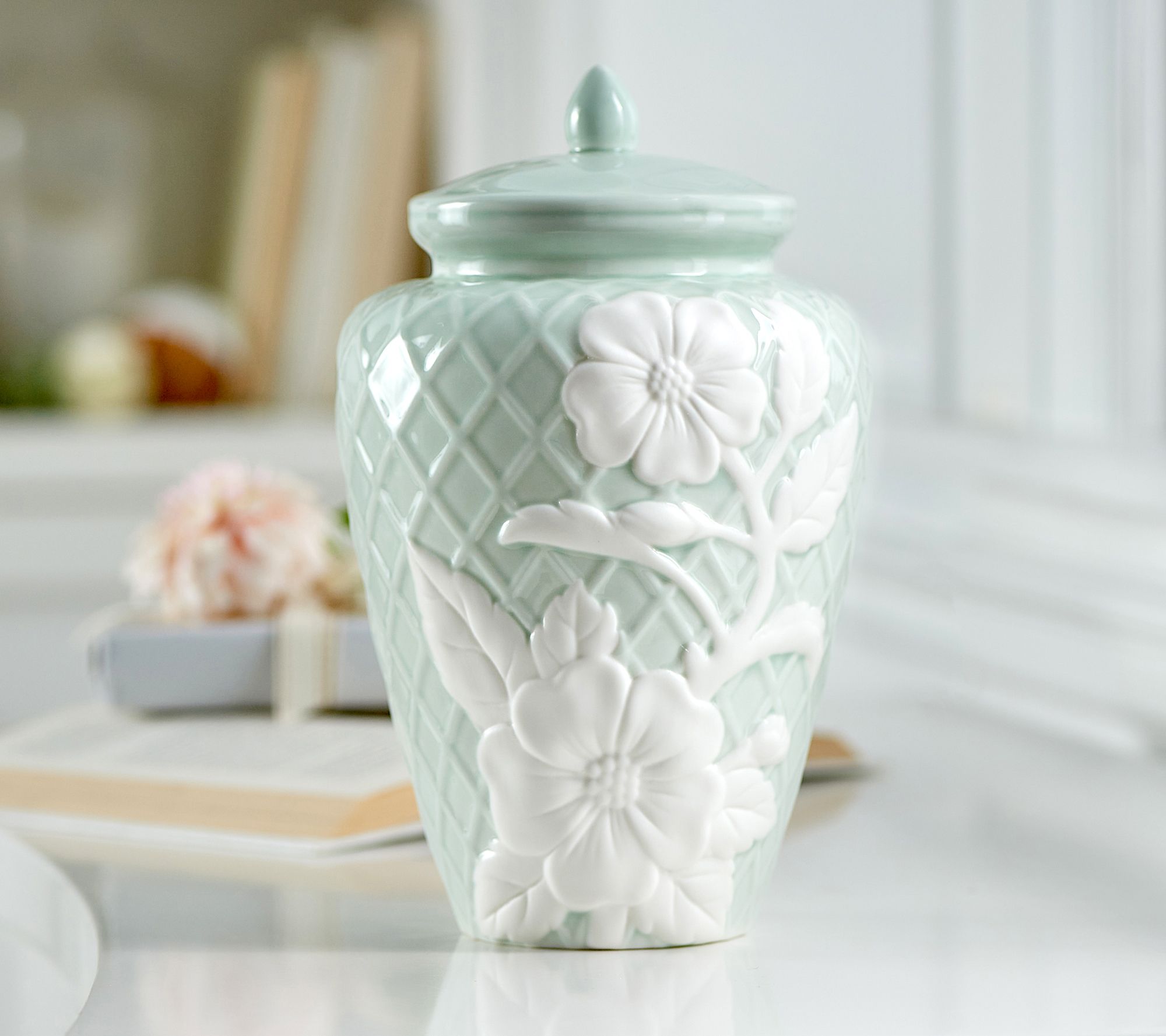 10 Illuminated Floral Embossed Porcelain Ginger Jar by Valerie