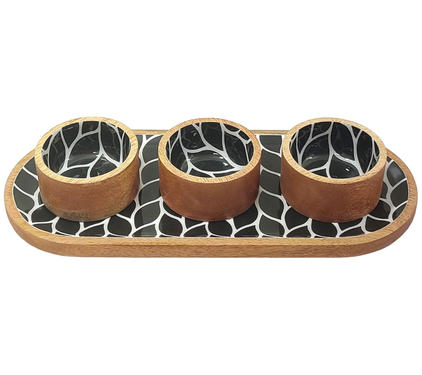 Temp-tations Carved Willow Set of (3) Wood Ramekins with Elongated Tray