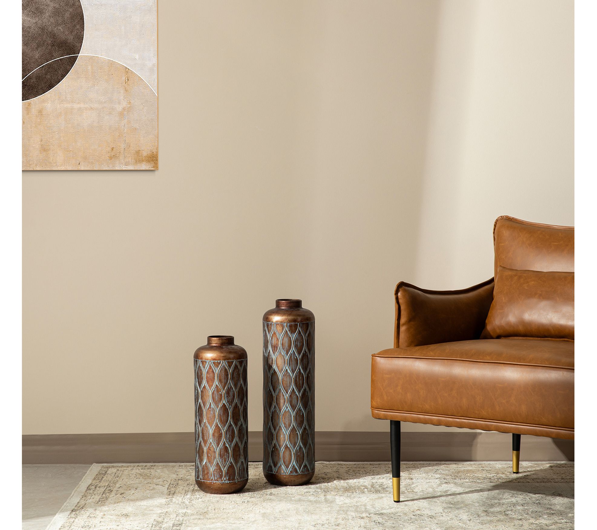 Glitzhome Metal Antiqued Verdigris Cylinder Floor Vases S/2