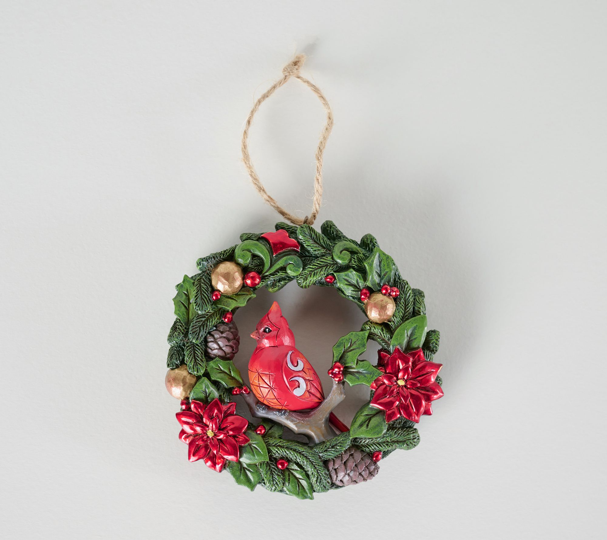 Jim Shore Heartwood Creek Cardinal in Wreath with Poinsettias